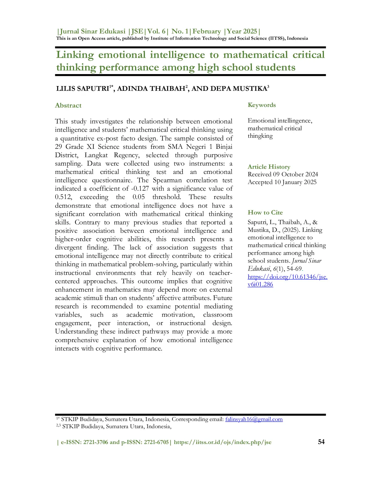 JURIS Linking emotional intelligence to mathematical critical thinking performance among high school students