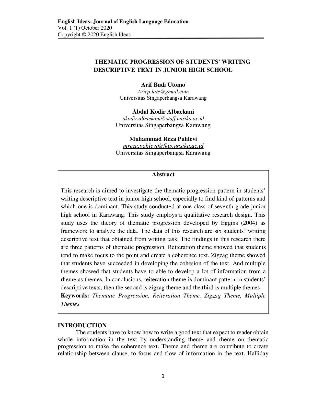 JURIS Thematic progression of students writing descriptive text in junior high school