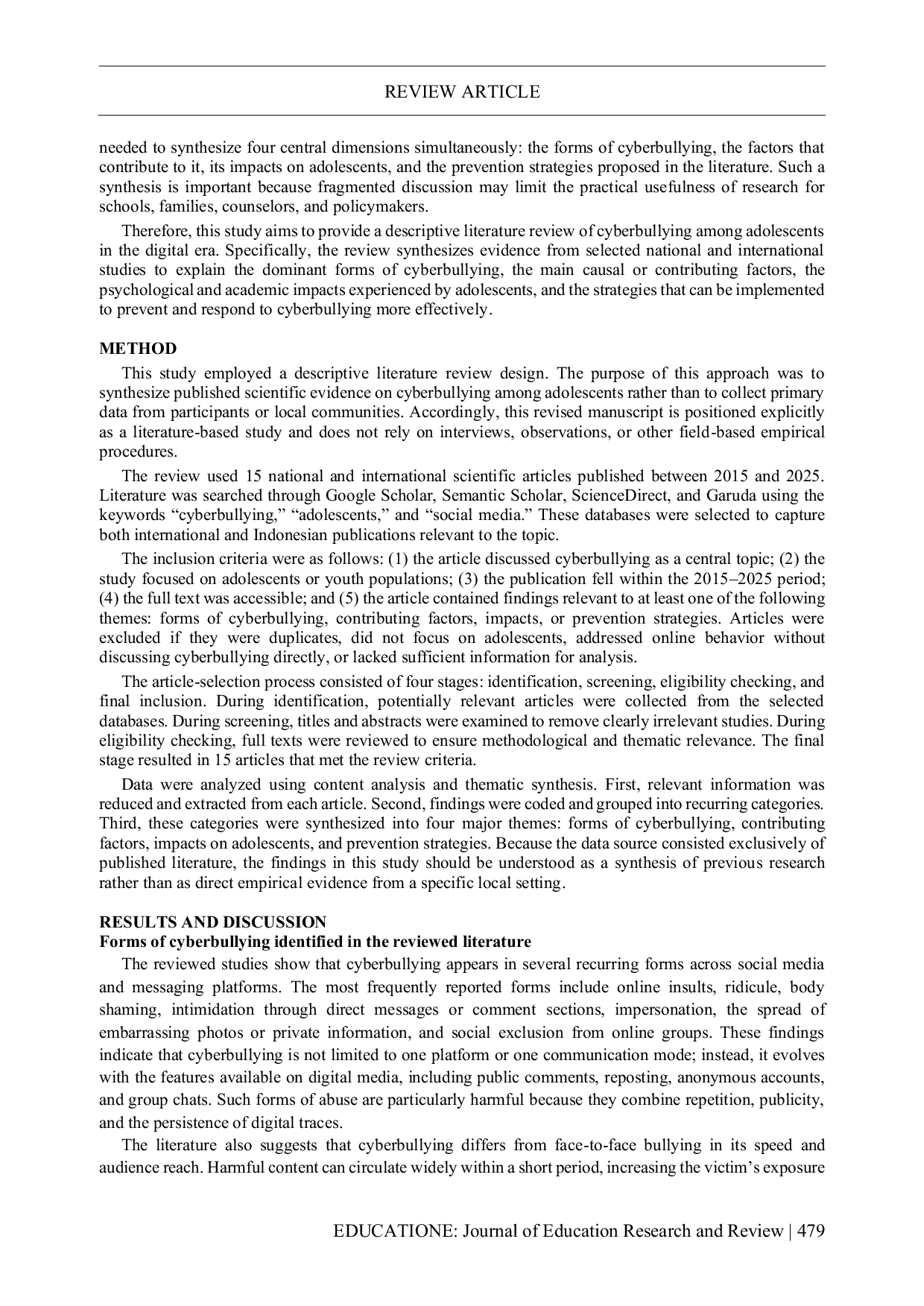JURIS Cyberbullying in the Digital Era Among Adolescents A Descriptive Literature Review