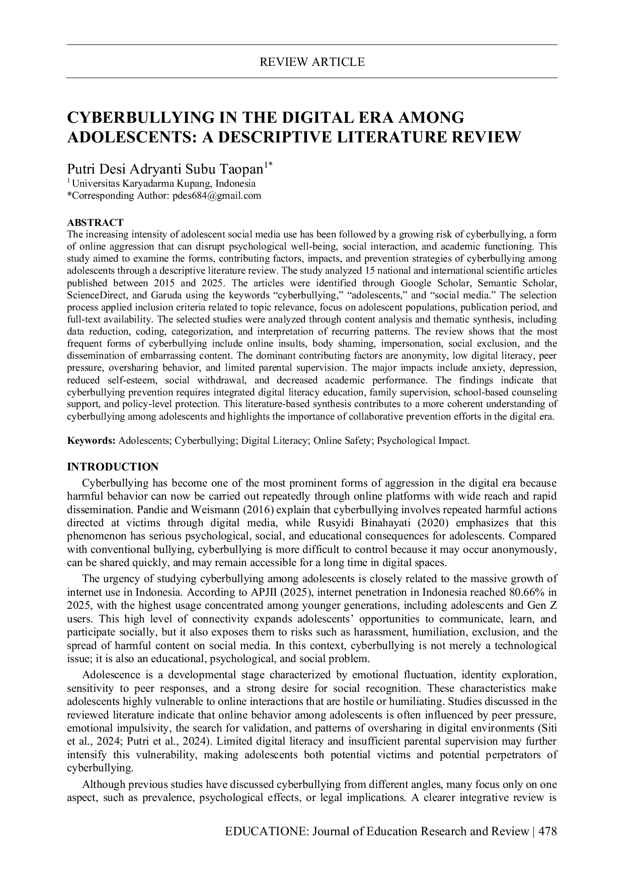 JURIS Cyberbullying in the Digital Era Among Adolescents A Descriptive Literature Review