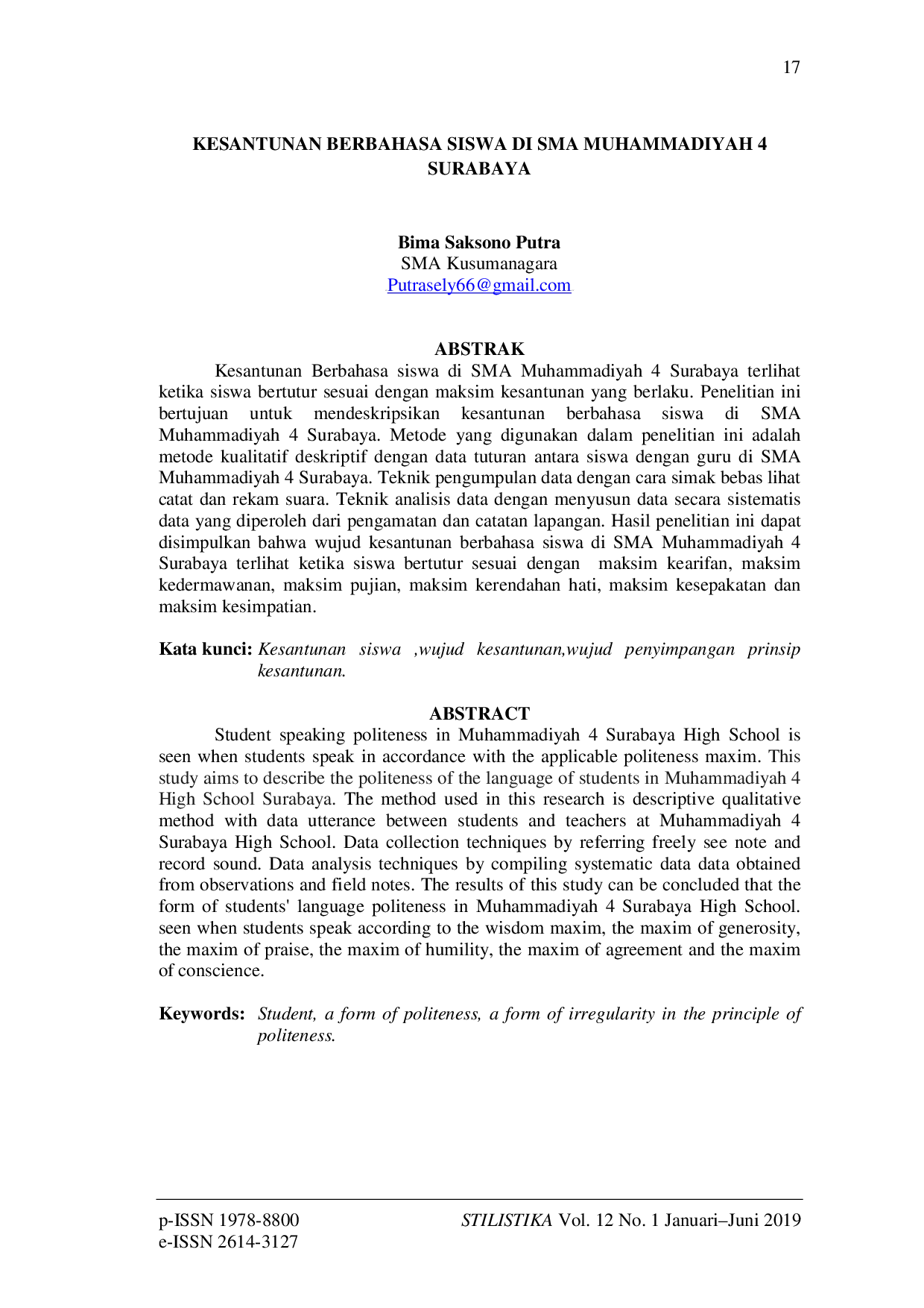 JURIS Kesantunan Berbahasa Siswa Di Sma Muhammadiyah 4 Surabaya
