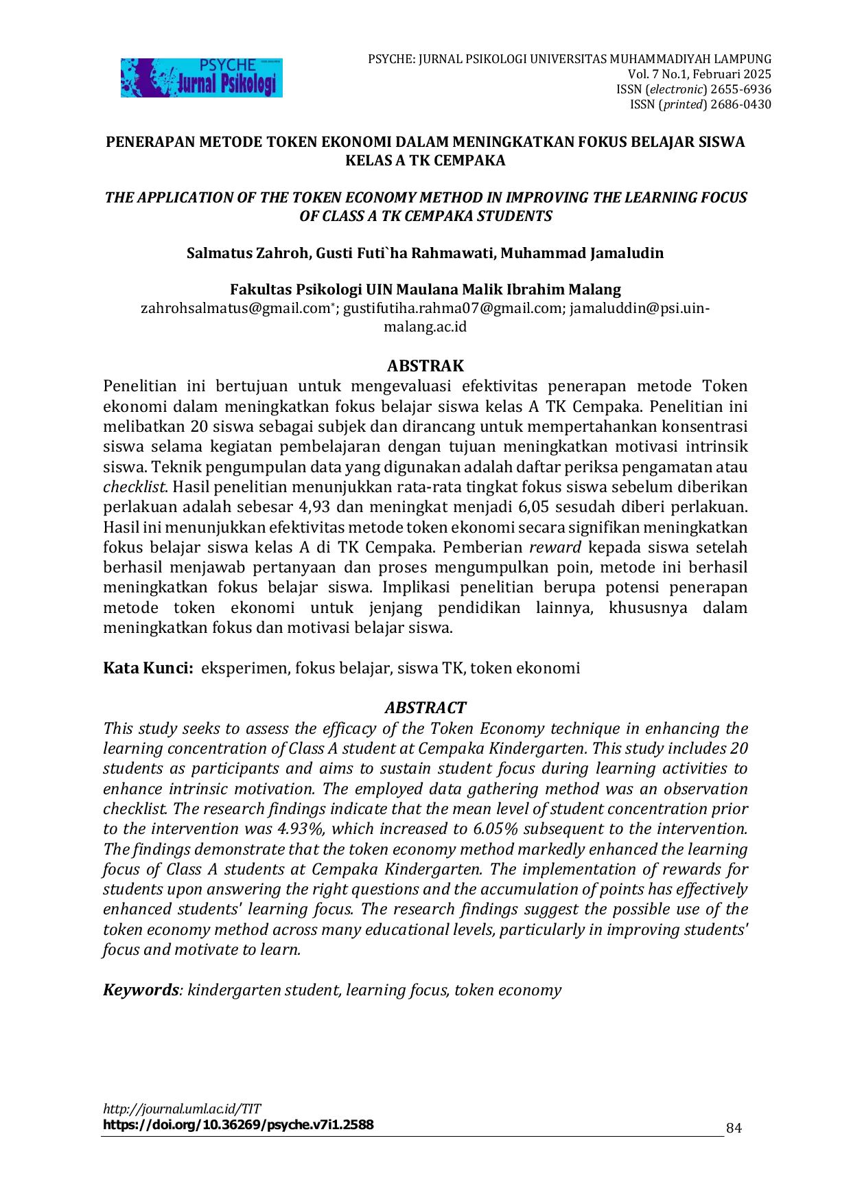 JURIS Penerapan Metode Token Ekonomi dalam Meningkatkan Fokus Belajar Siswa