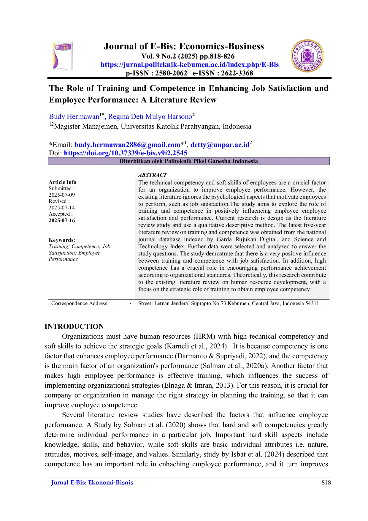 JURIS The Role of Training and Competence in Enhancing Job Satisfaction and Employee Performance A Literature Review