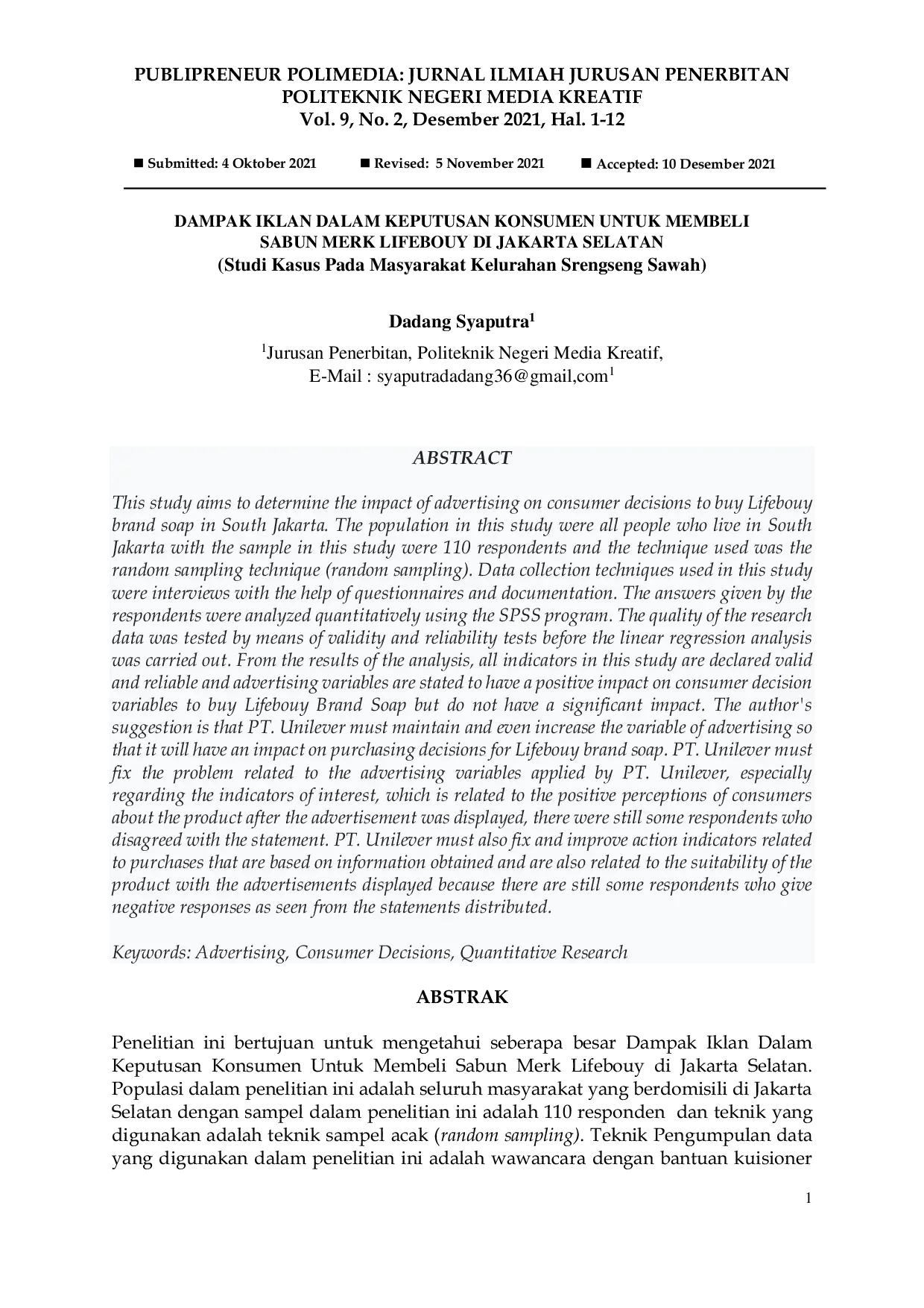 JURIS Dampak Iklan dalam Keputusan Konsumen untuk Membeli Sabun Merk Lifebouy di Jakarta Selatan Studi Kasus pada Masyarakat Kelurahan Srengseng Sawah