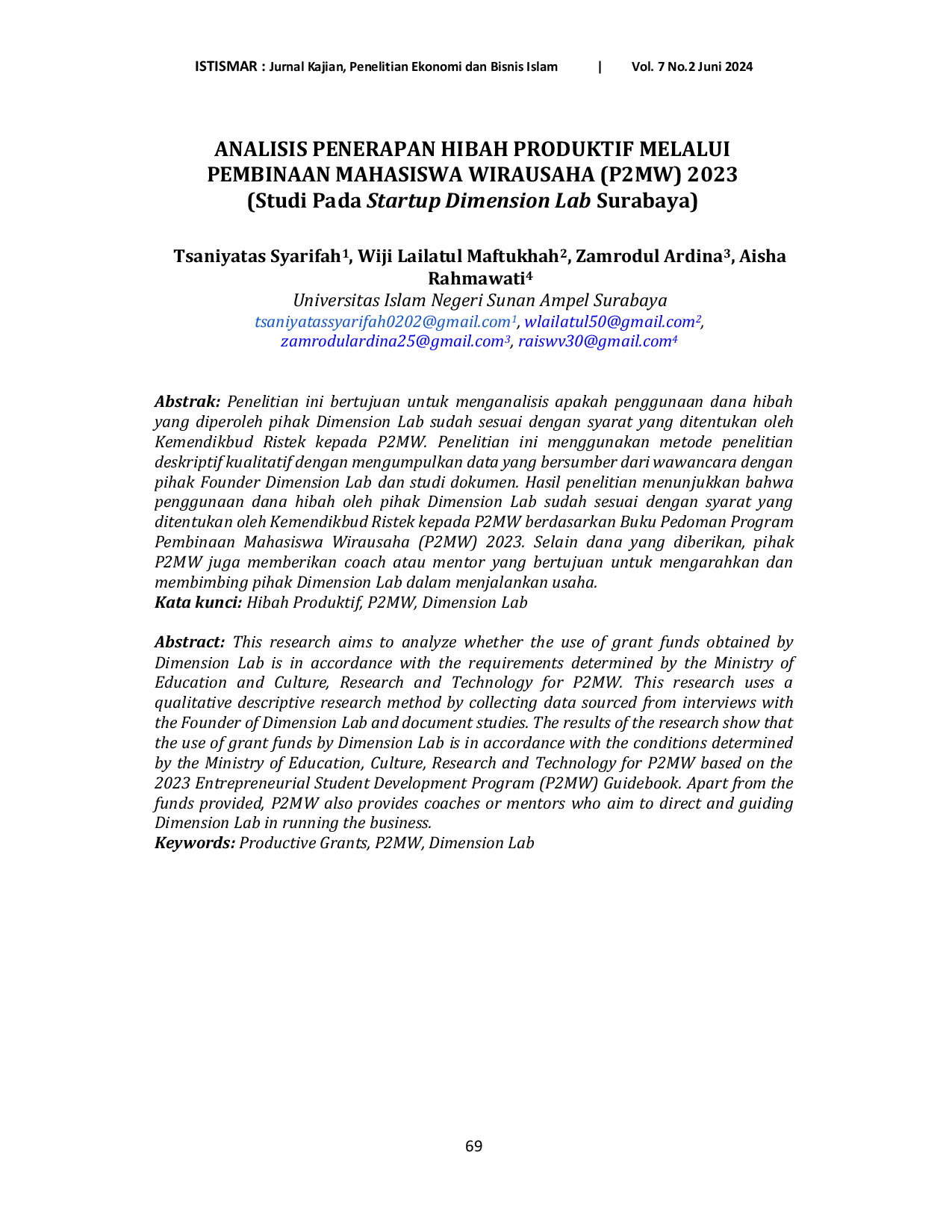 JURIS Analisis Penerapan Hibah Produktif Melalui Pembinaan Mahasiswa Wirausaha P2Mw 2023 Studi Pada Startup Dimension Lab Surabaya