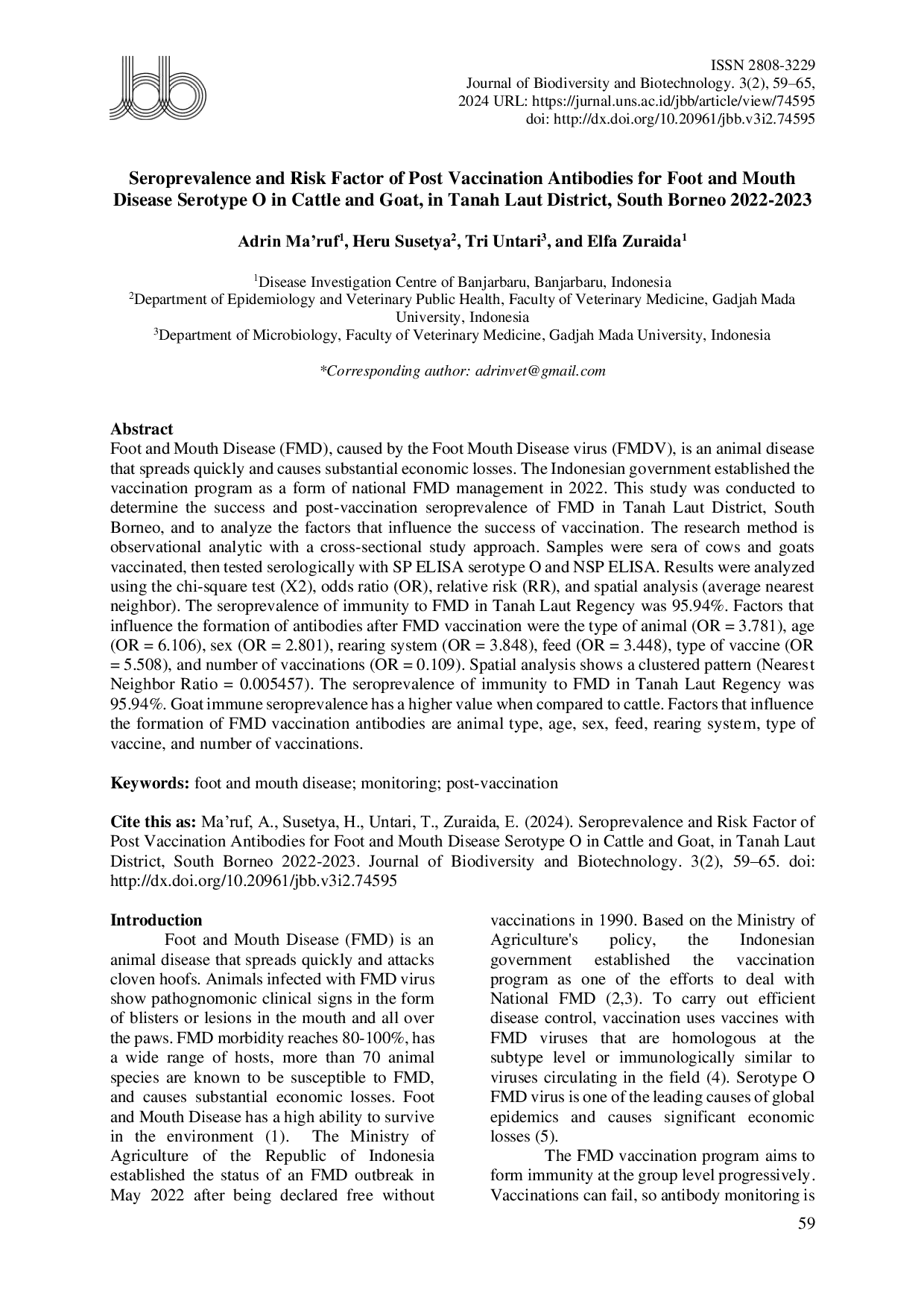 JURIS Seroprevalence and Risk Factors of Post Vaccination Antibodies for Foot and Mouth Disease in Tanah Laut District South Borneo in 2022 2023