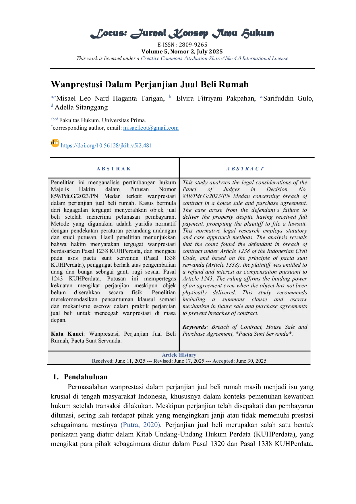 JURIS Wanprestasi Dalam Perjanjian Jual Beli Rumah