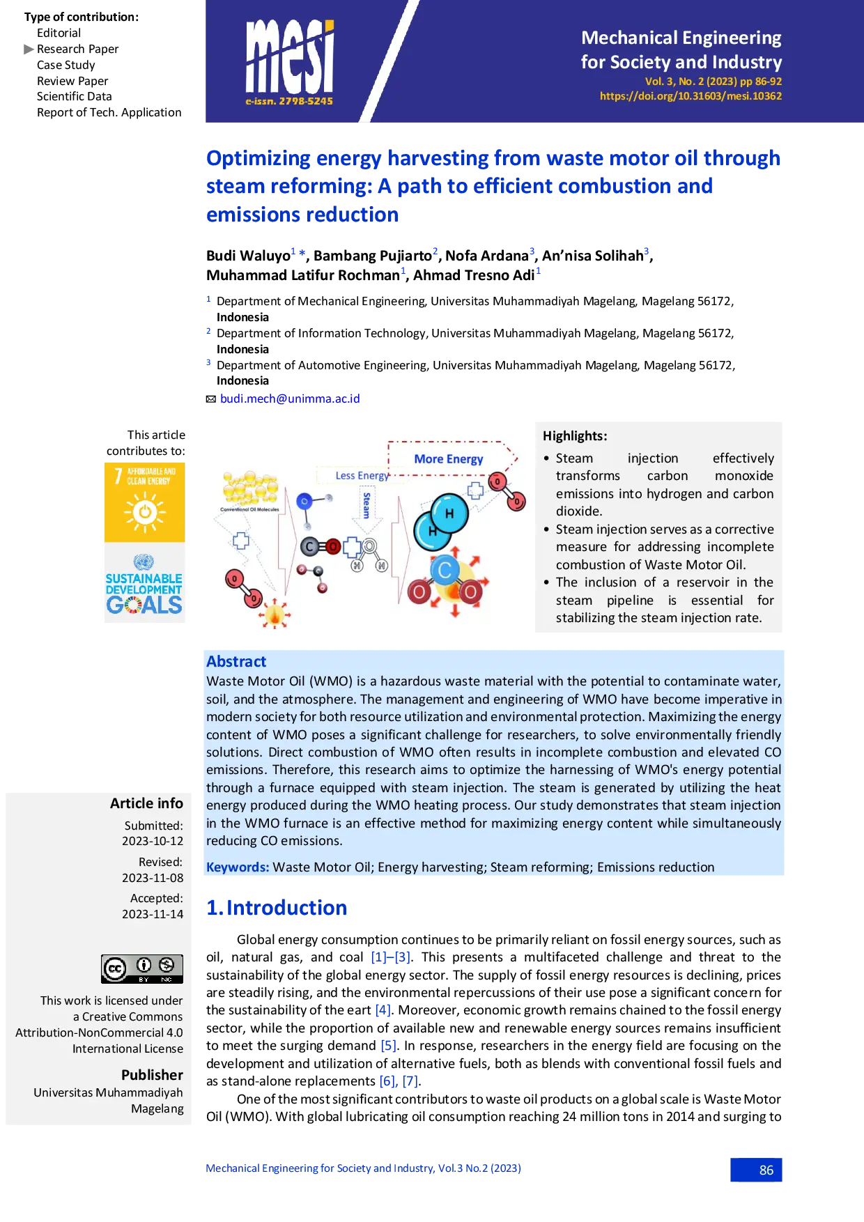 JURIS Optimizing Energy Harvesting From Waste Motor Oil Through Steam Reforming A Path To Efficient Combustion And Emissions Reduction