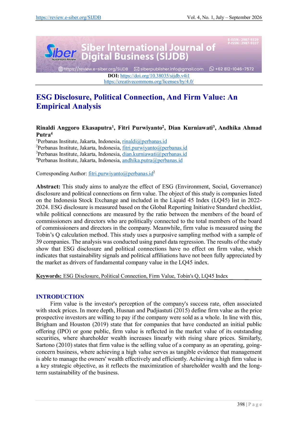 JURIS ESG Disclosure Political Connection And Firm Value An Empirical Analysis
