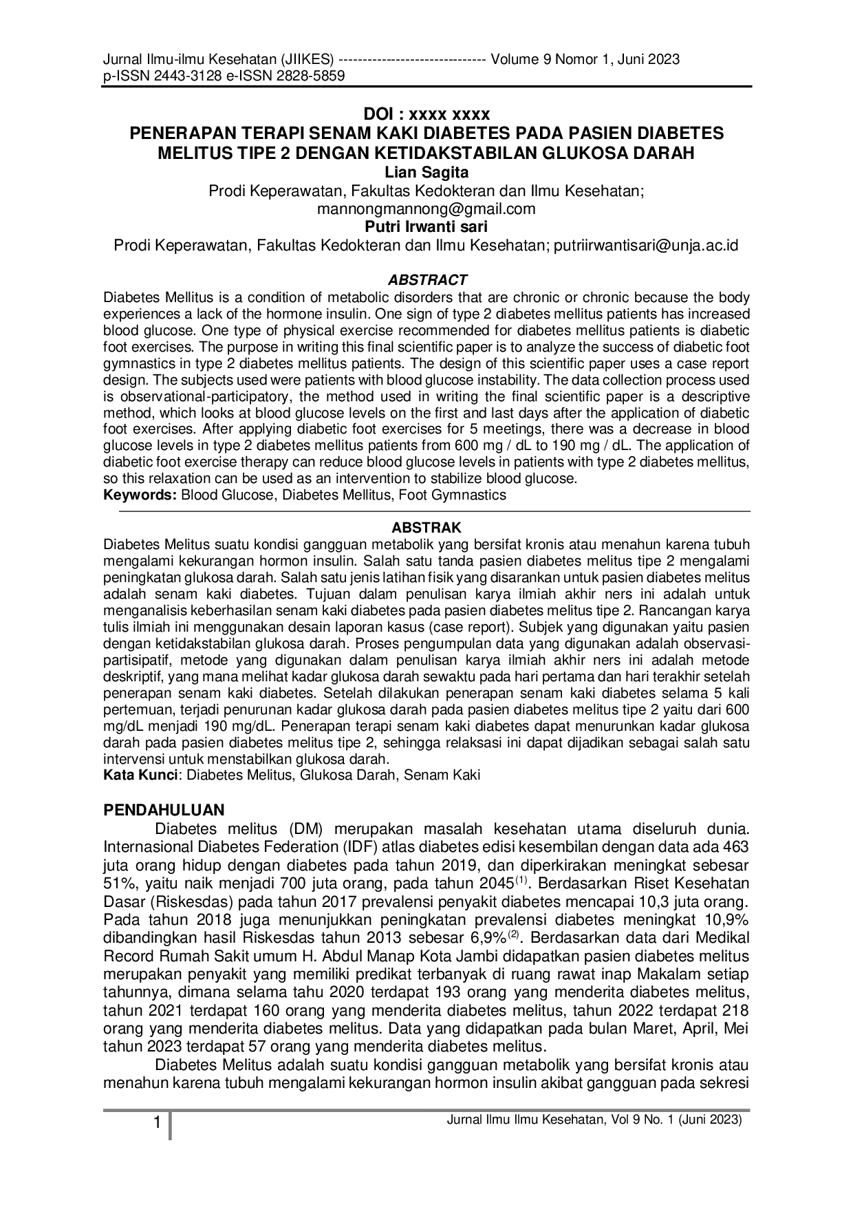 JURIS Penerapan Terapi Senam Kaki Diabetes Pada Pasien Diabetes Melitus Tipe 2 Dengan Ketidakstabilan Glukosa Darah