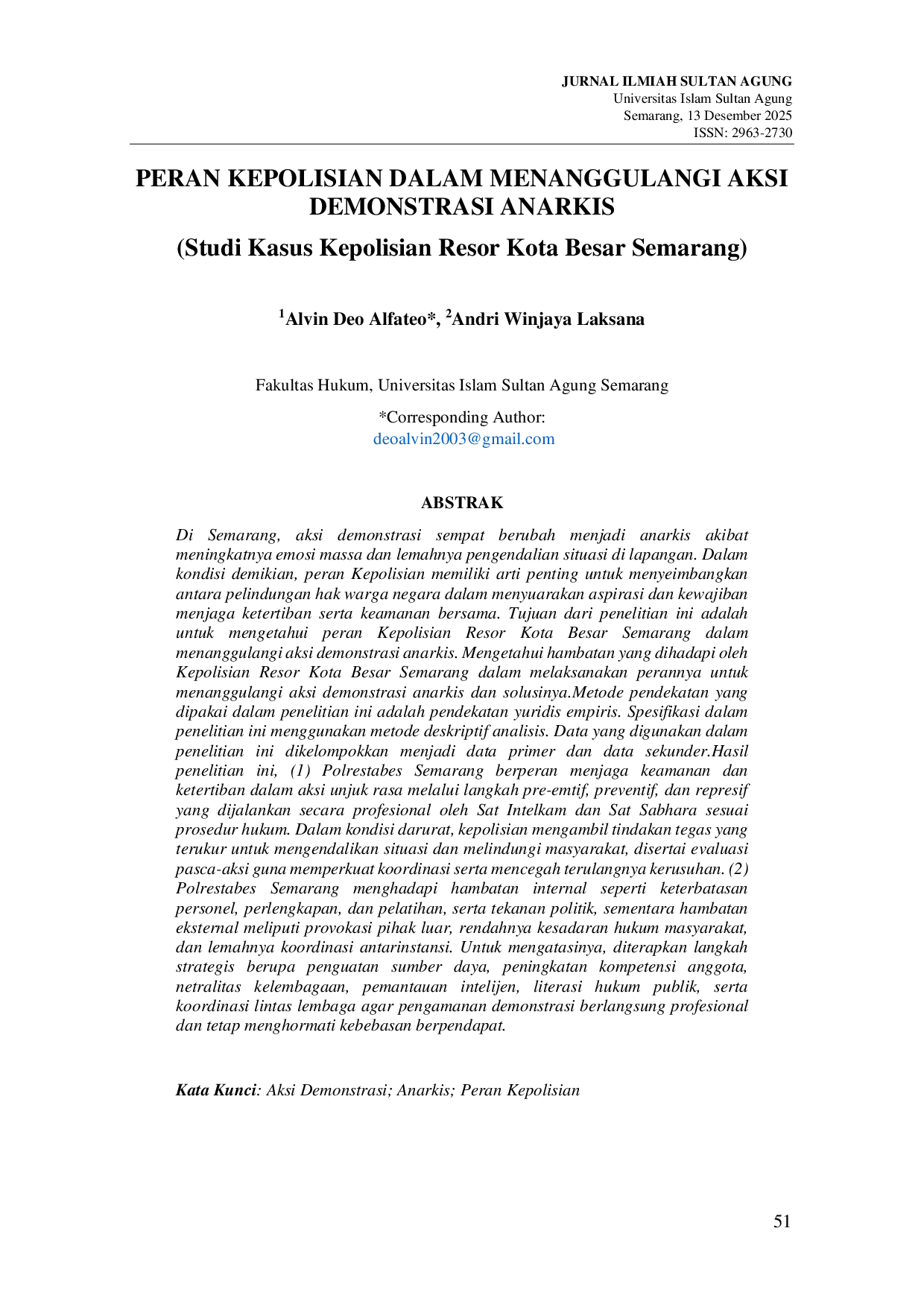 JURIS PERAN KEPOLISIAN DALAM MENANGGULANGI AKSI DEMONSTRASI ANARKIS Studi Kasus Kepolisian Resor Kota Besar Semarang