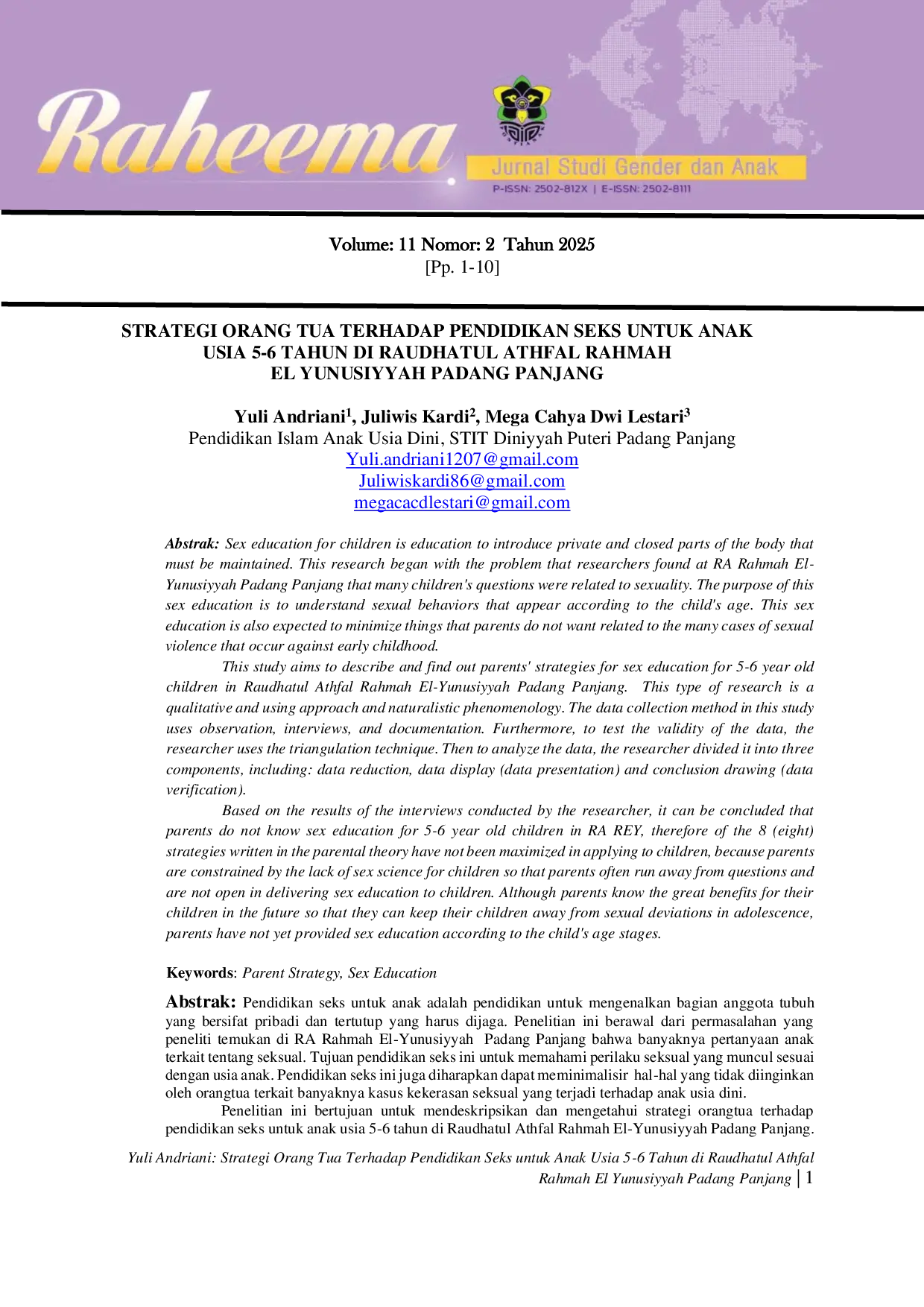 JURIS Strategi Orang Tua Terhadap Pendidikan Seks Untuk Anak Usia 5 6 Tahun Di Raudhatul Athfal Rahmah El Yunusiyyah Padang Panjang