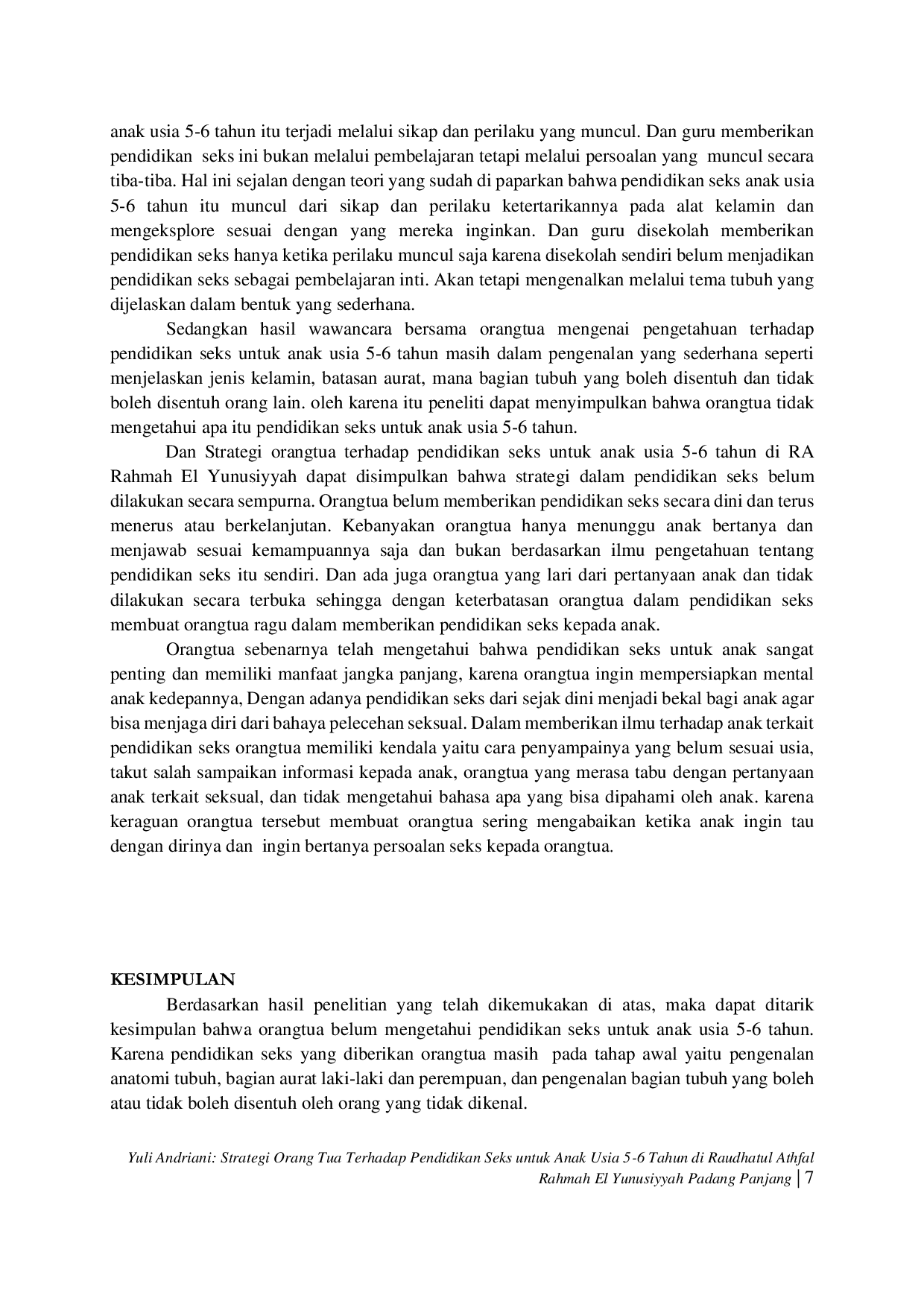 JURIS Strategi Orang Tua Terhadap Pendidikan Seks Untuk Anak Usia 5 6 Tahun Di Raudhatul Athfal Rahmah El Yunusiyyah Padang Panjang