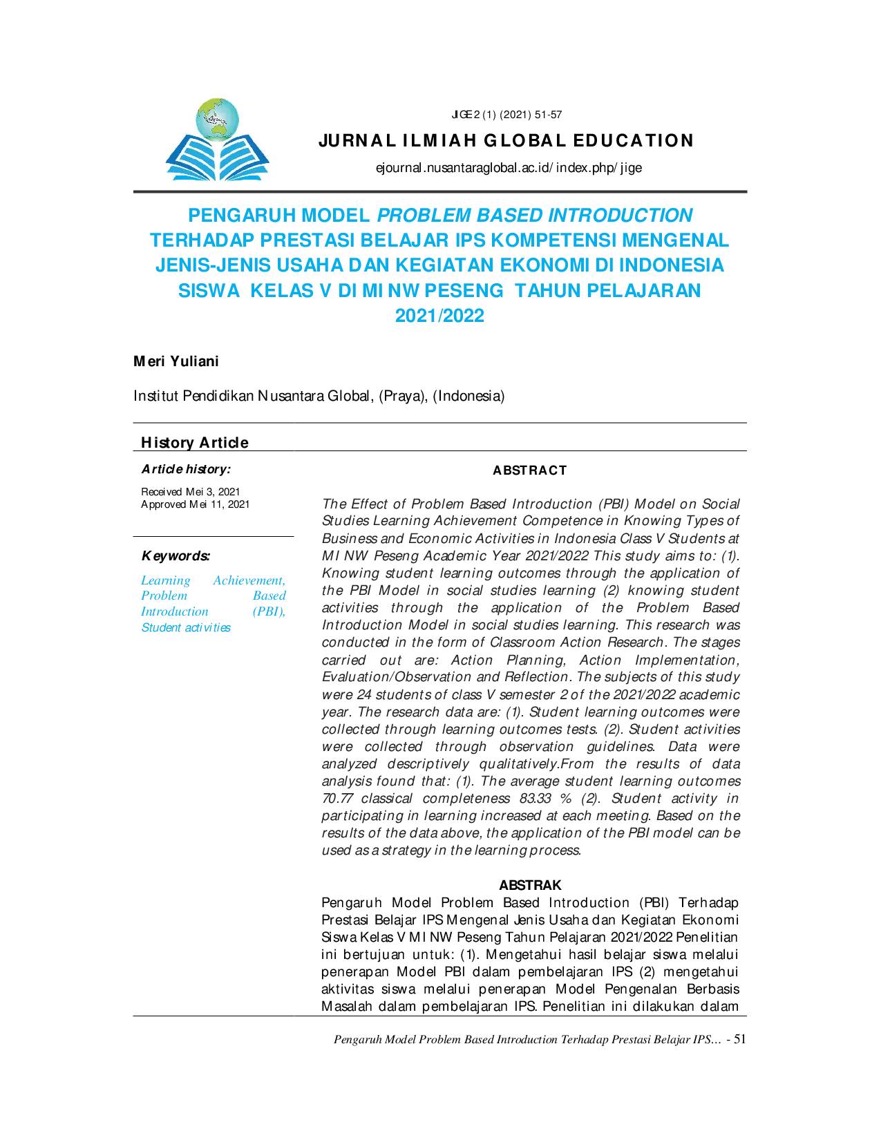 juris Pengaruh Model Problem Based Introduction Terhadap Prestasi Belajar Ips Kompetensi Mengenal Jenis Jenis Usaha Dan Kegiatan Ekonomi Di Indonesia Siswa Kelas V Di Mi Nw Peseng Tahun Pelajaran 2021 2022