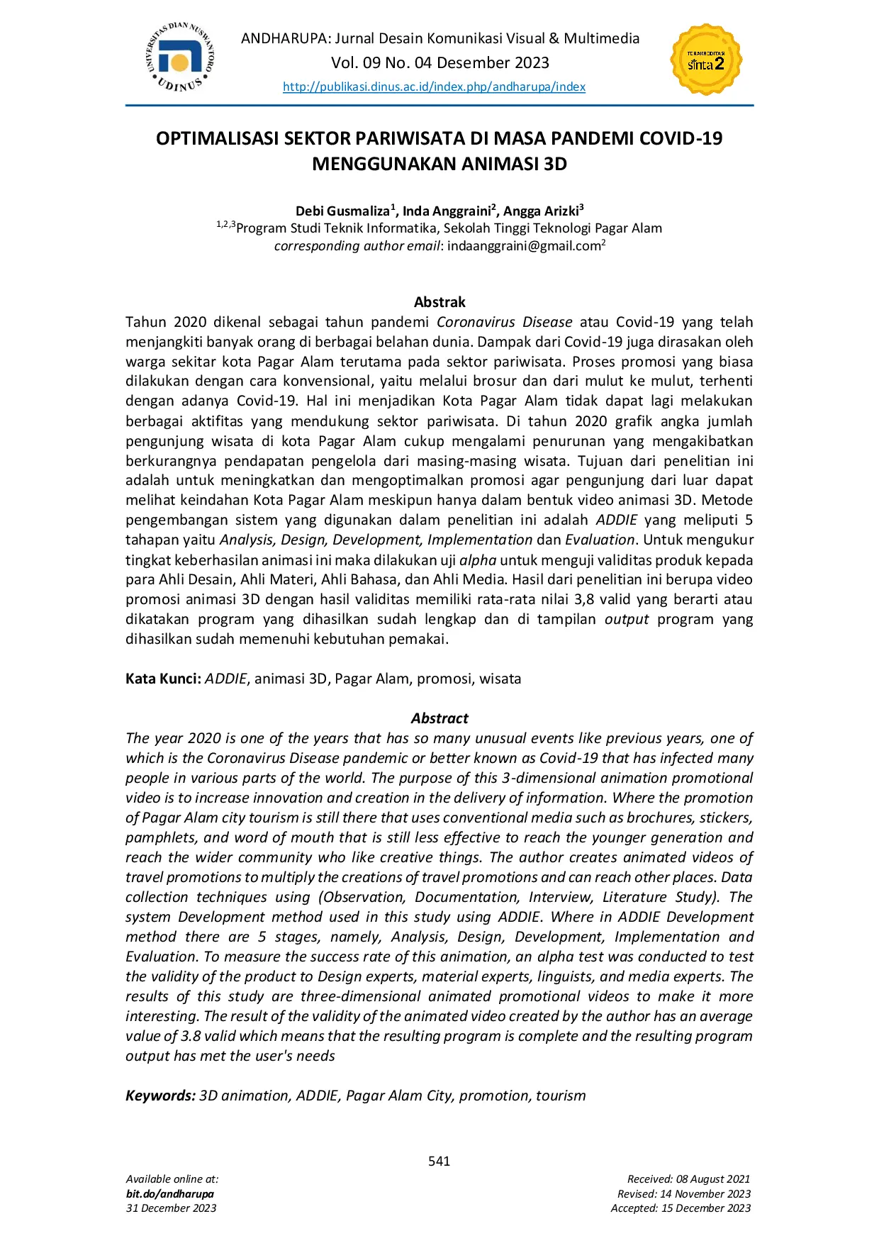 JURIS Optimalisasi Sektor Pariwisata di Masa Pandemi Covid 19 menggunakan Animasi 3D