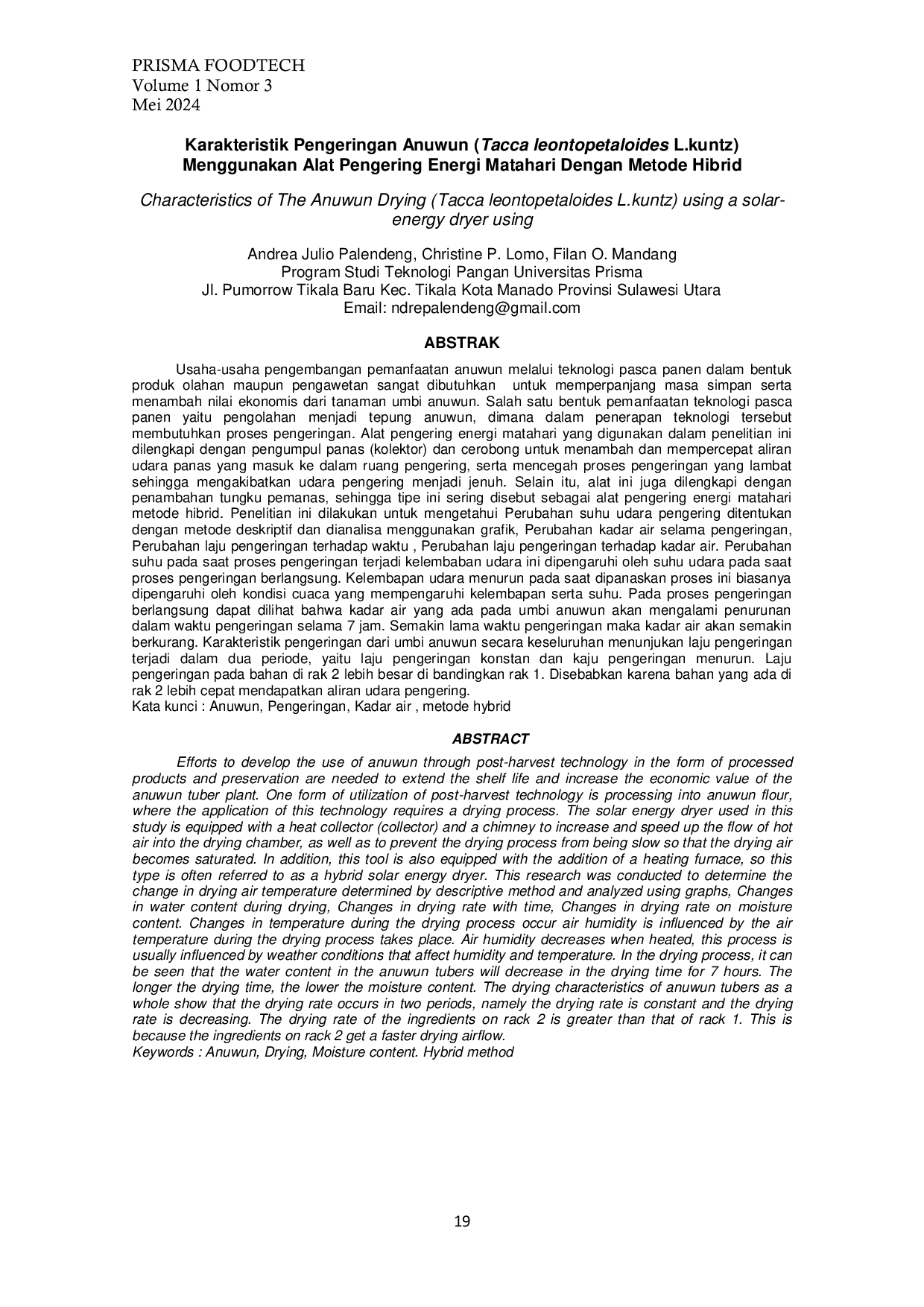 JURIS Karakteristik Pengeringan Anuwun Tacca leontopetaloides L kuntz menggunakan Alat Pengering Energi Matahari dengan Metode Hibrid