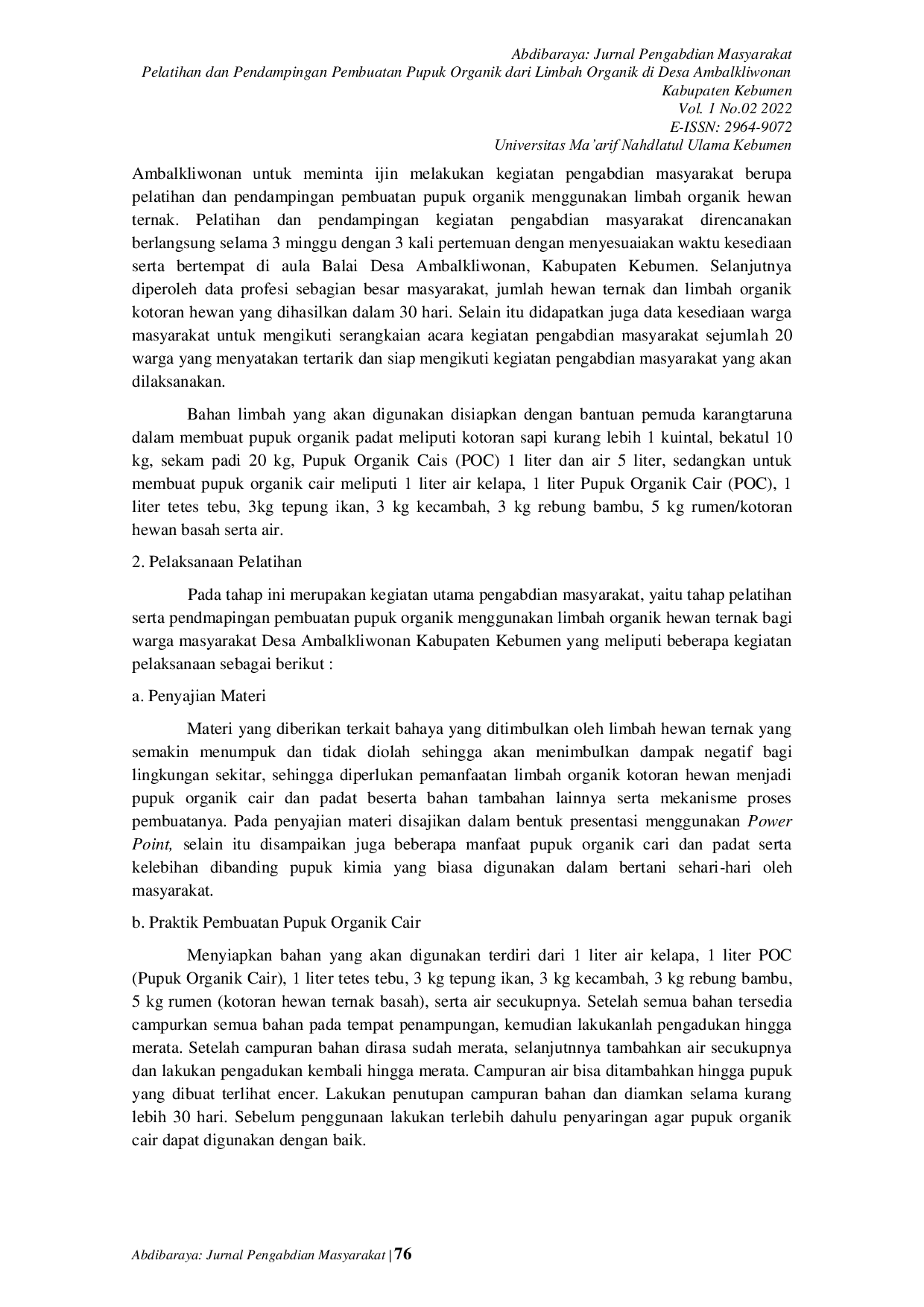 JURIS Pelatihan dan Pendampingan Pembuatan Pupuk Organik dari Limbah Organik di Desa Ambalkliwonan Kabupaten Kebumen