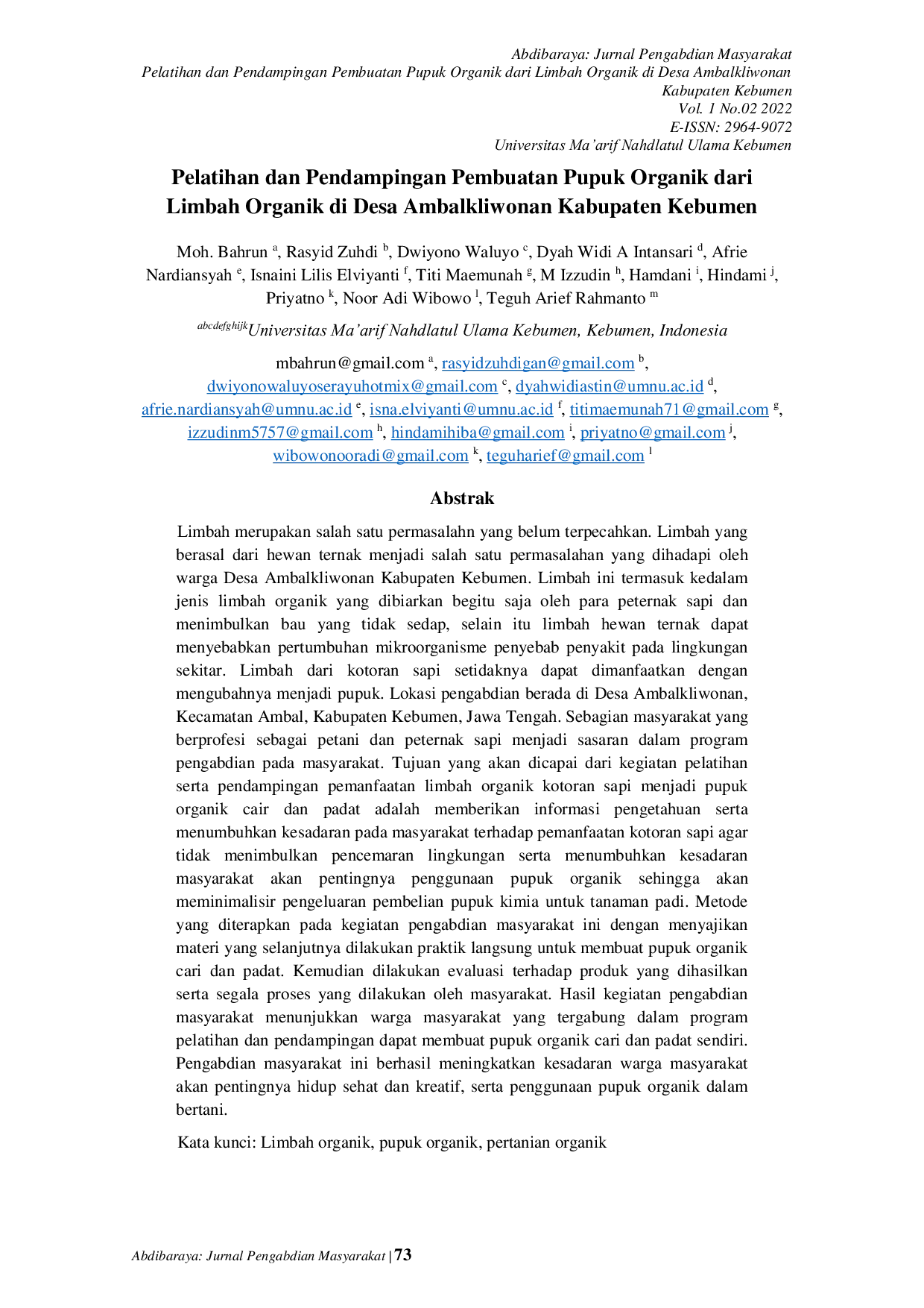 JURIS Pelatihan dan Pendampingan Pembuatan Pupuk Organik dari Limbah Organik di Desa Ambalkliwonan Kabupaten Kebumen