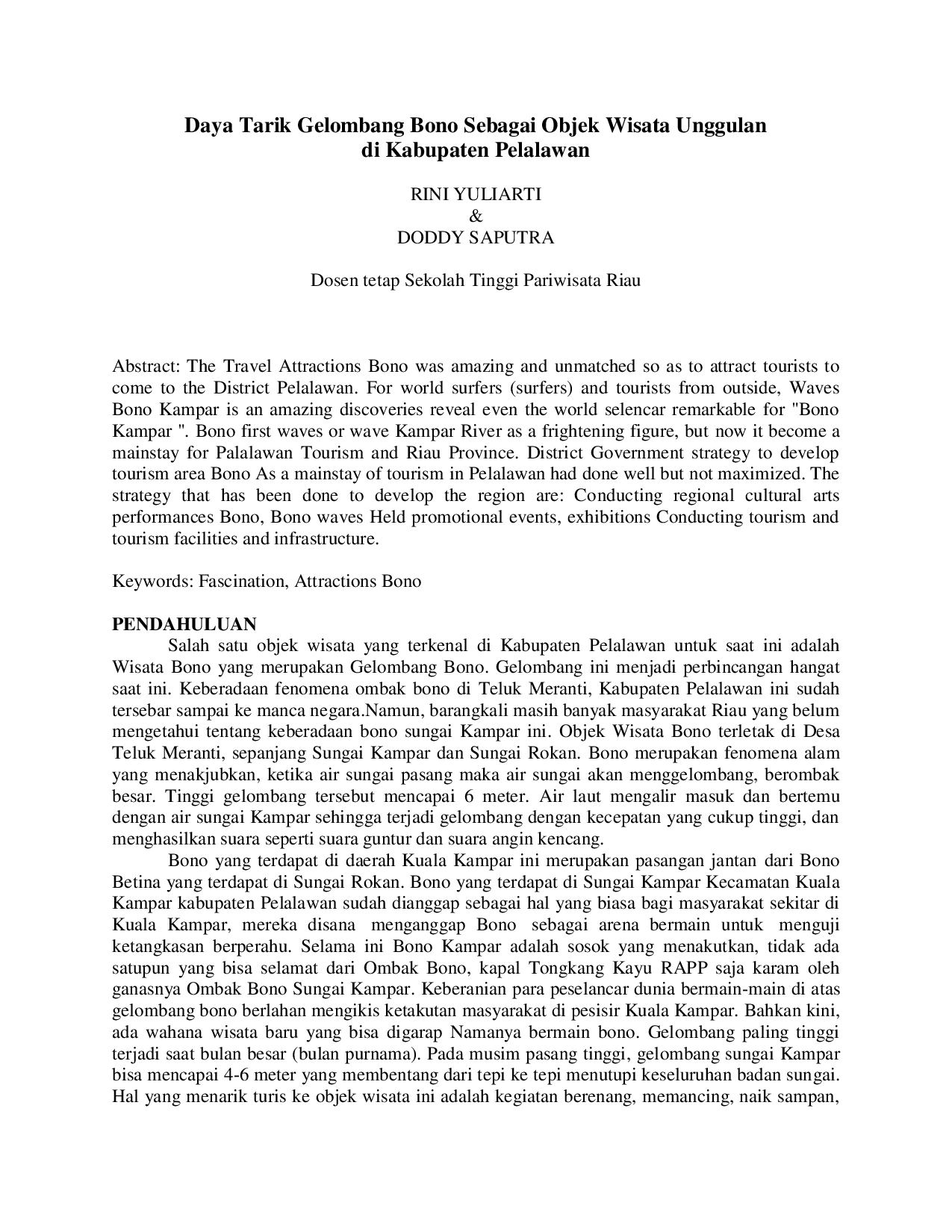 juris Daya Tarik Gelombang Bono Sebagai Objek Wisata Unggulan di Kabupaten Pelalawan