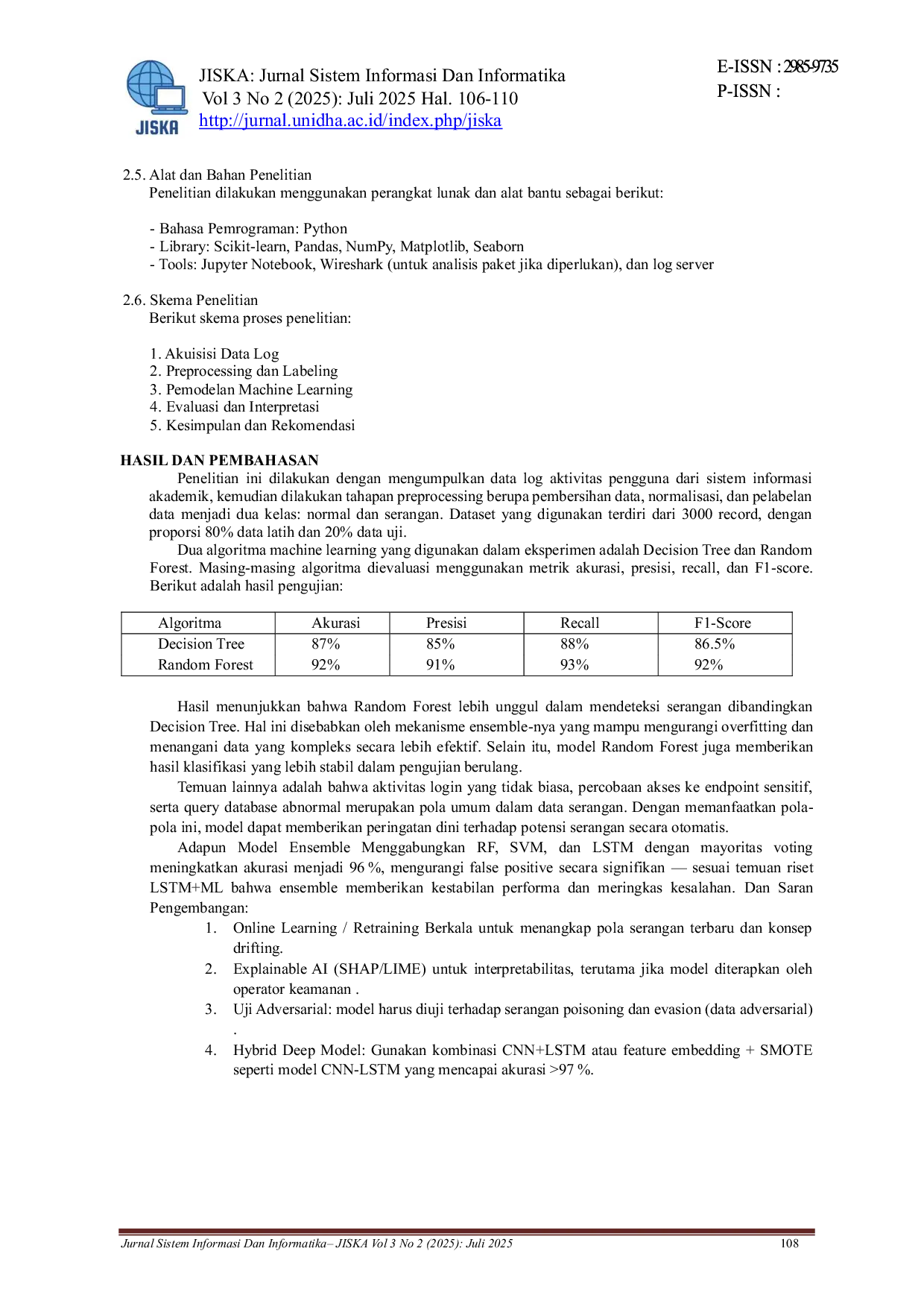 JURIS Deteksi Serangan Siber Menggunakan Machine Learning Studi Pada Sistem Informasi Akademik