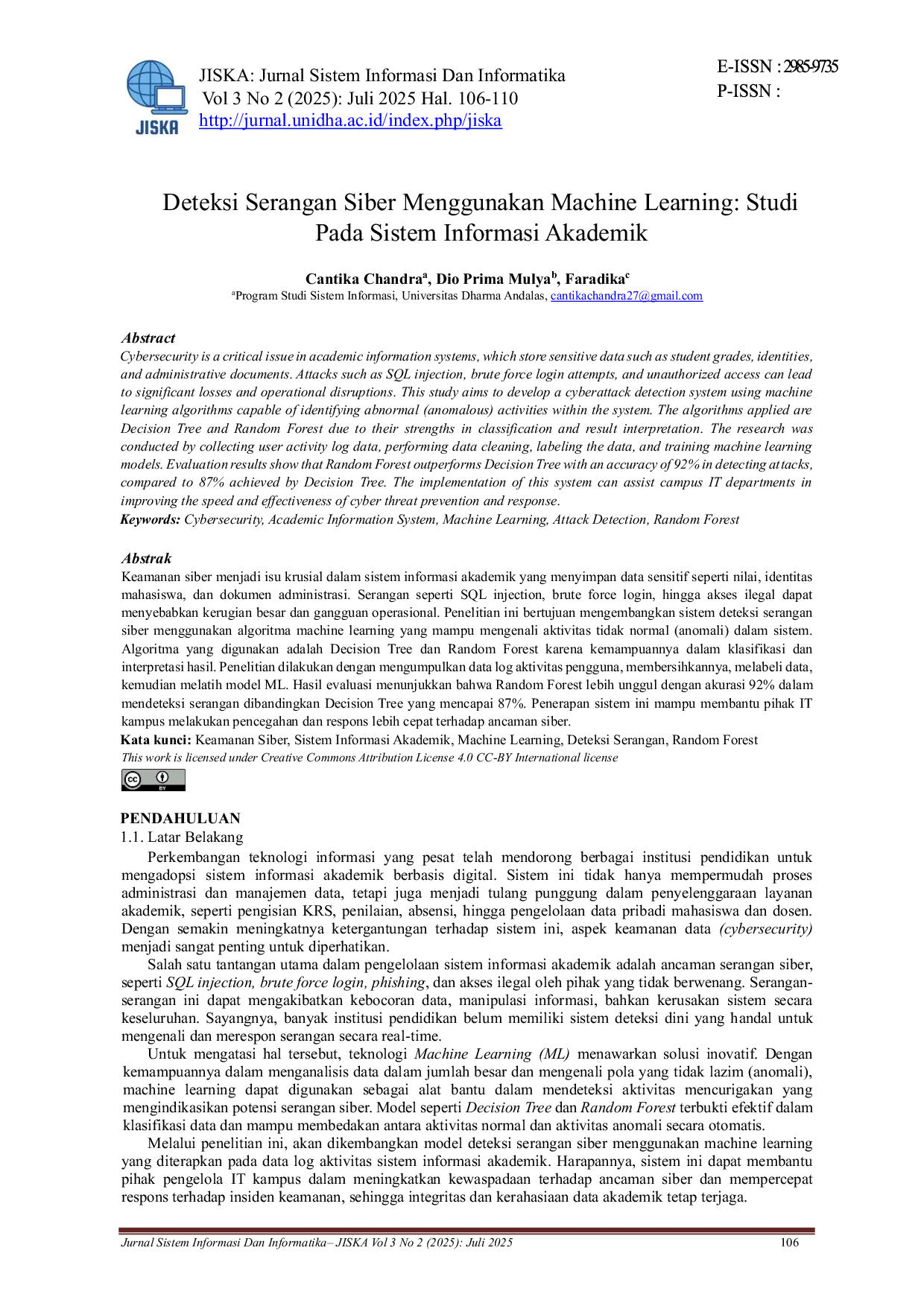 JURIS Deteksi Serangan Siber Menggunakan Machine Learning Studi Pada Sistem Informasi Akademik