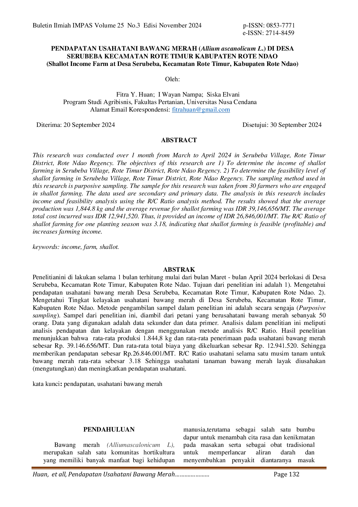 JURIS Pendapatan Usahatani Bawang Merah Allium Ascanolicum L Di Desa Serubeba Kecamatan Rote Timur Kabupaten Rote Ndao
