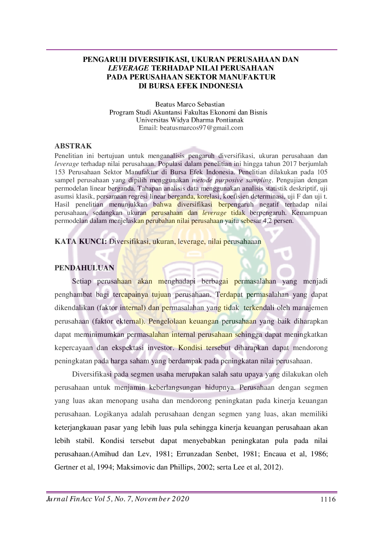 JURIS Pengaruh Diversifikasi Ukuran Perusahaan Dan Leverage Terhadap Nilai Perusahaan Pada Perusahaan Sektor Manufaktur Di Bursa Efek Indonesia