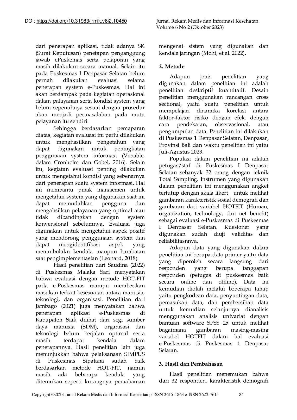 JURIS Gambaran Metode HOT FIT dalam Evaluasi ePuskesmas di UPTD Puskesmas I Denpasar Selatan