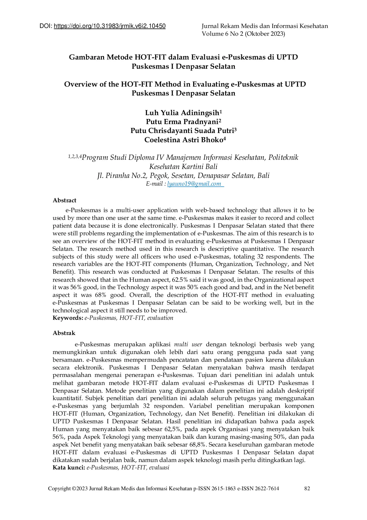 JURIS Gambaran Metode HOT FIT dalam Evaluasi ePuskesmas di UPTD Puskesmas I Denpasar Selatan
