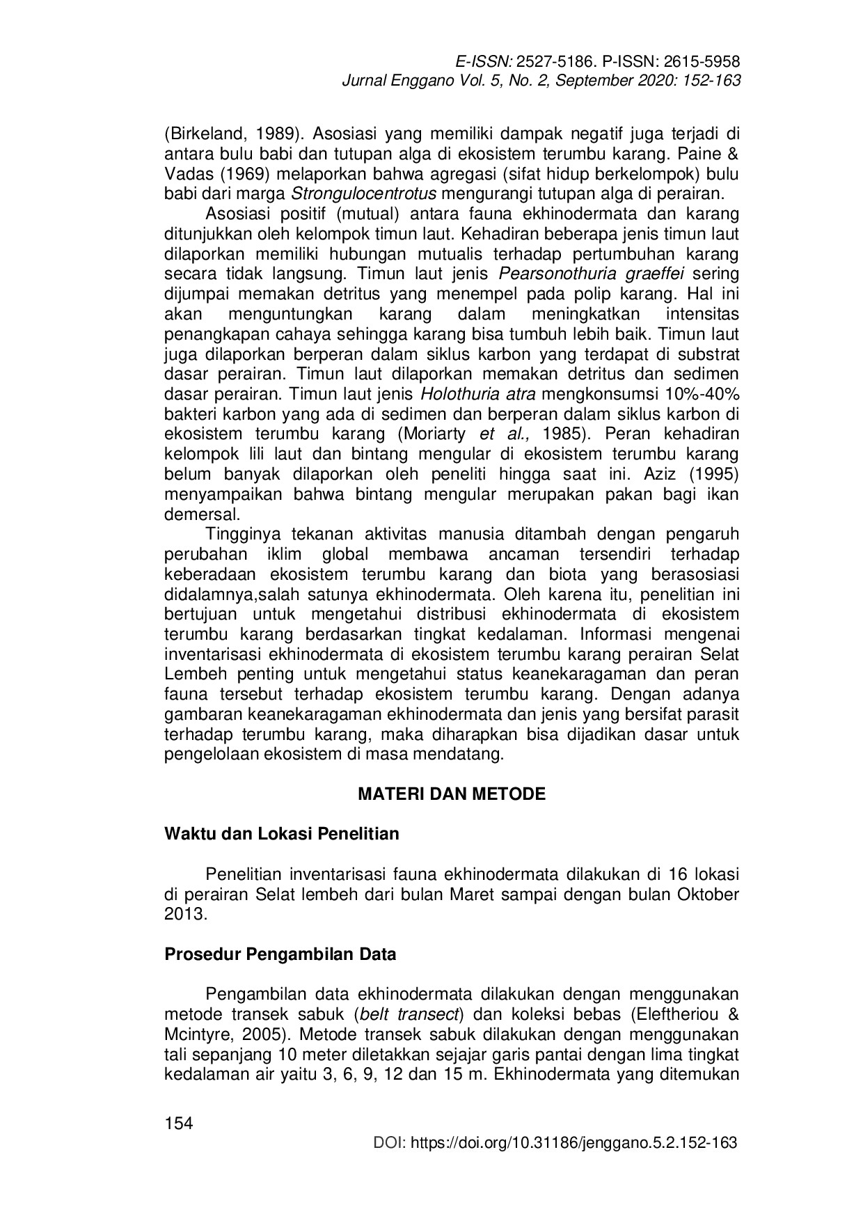 JURIS Inventarisasi Ekhinodermata di Ekosistem Terumbu Karang Perairan Selat Lembeh