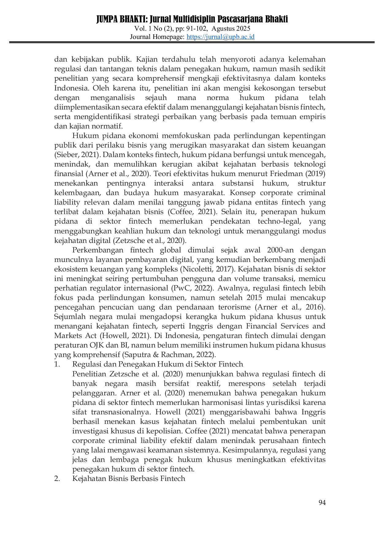 JURIS Efektivitas Penegakan Hukum Pidana terhadap Kejahatan Bisnis di Sektor Fintech