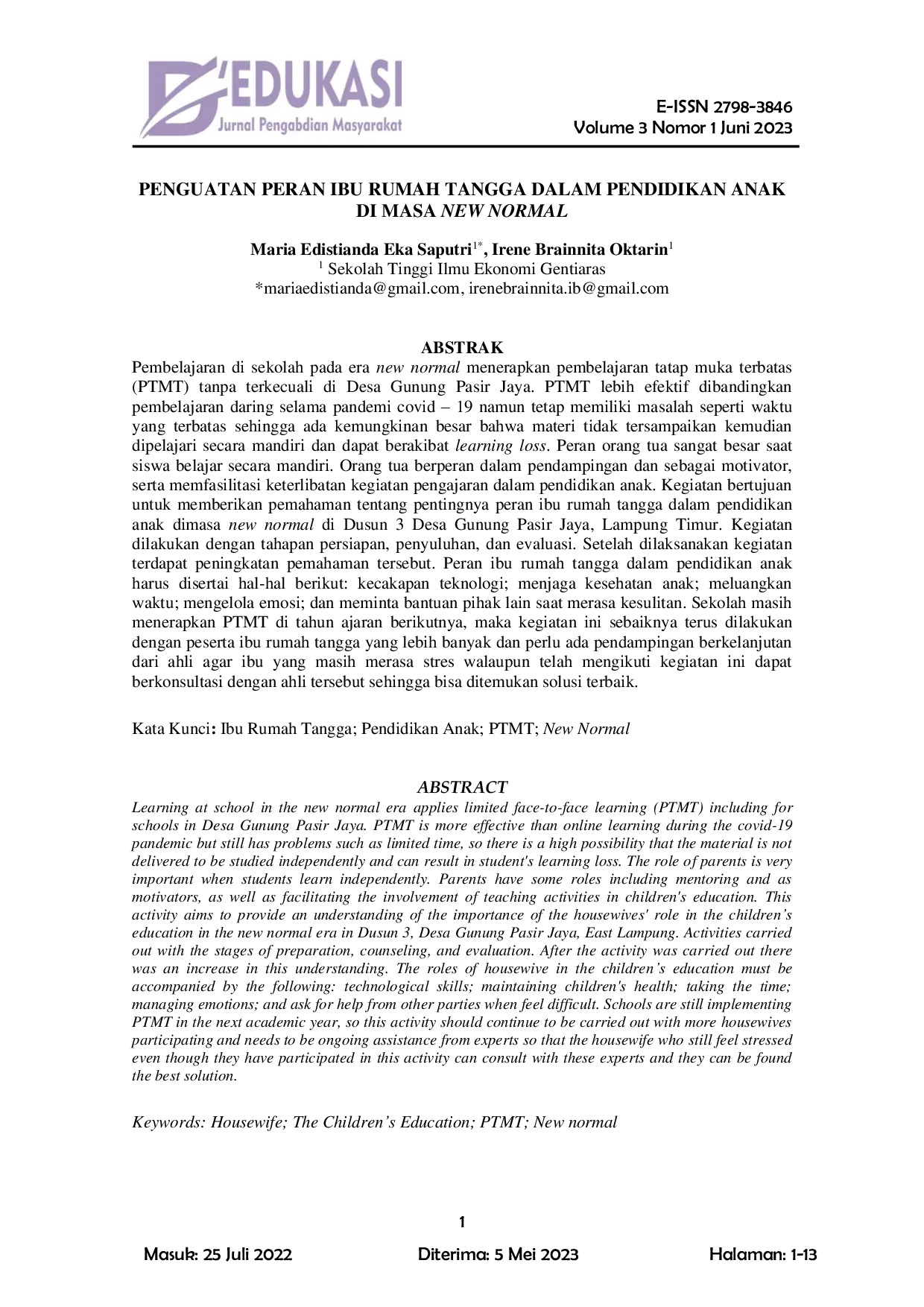 JURIS Penguatan Peran Ibu Rumah Tangga dalam Pendidikan Anak di Masa New Normal