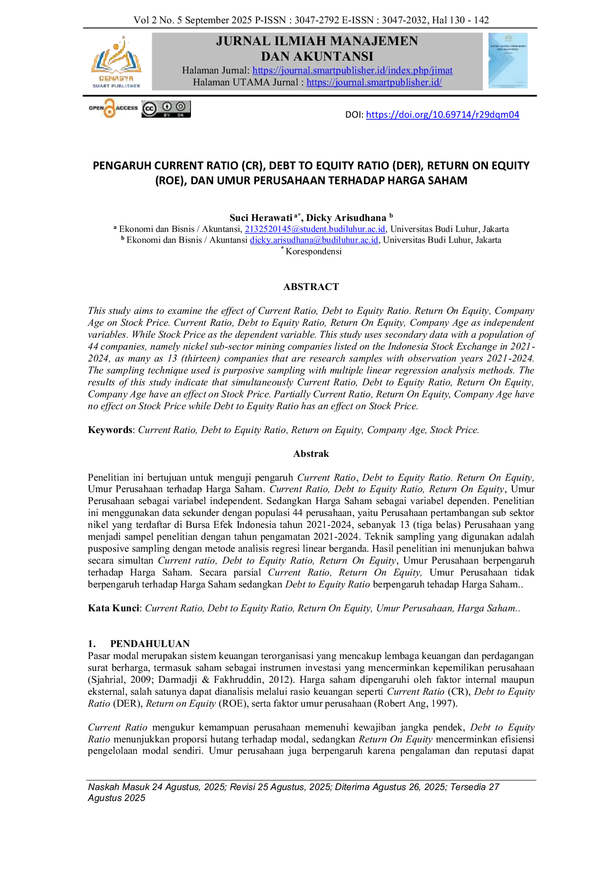 JURIS Pengaruh Current Ratio CR Debt to Equity Ratio DER Return on Equity ROE dan Umur Perusahaan Terhadap Harga Saham