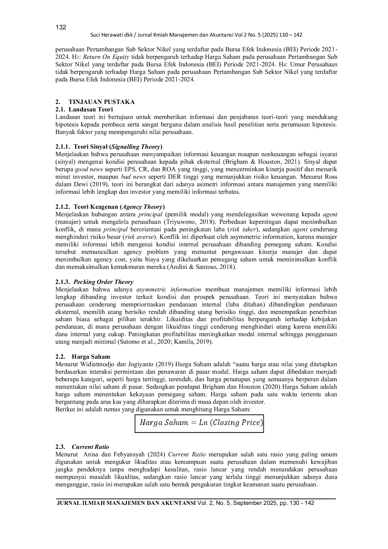 JURIS Pengaruh Current Ratio CR Debt to Equity Ratio DER Return on Equity ROE dan Umur Perusahaan Terhadap Harga Saham