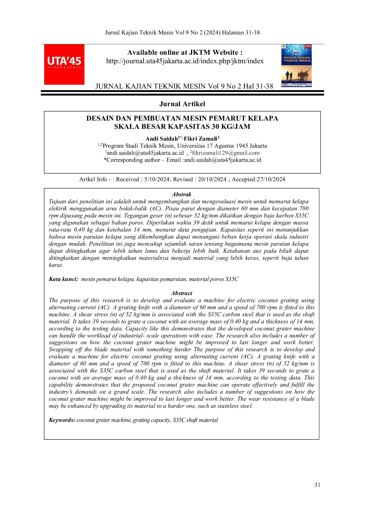 JURIS Desain dan Pembuatan Mesin Pemarut Kelapa Skala Besar Kapasitas 30 Kg Jam