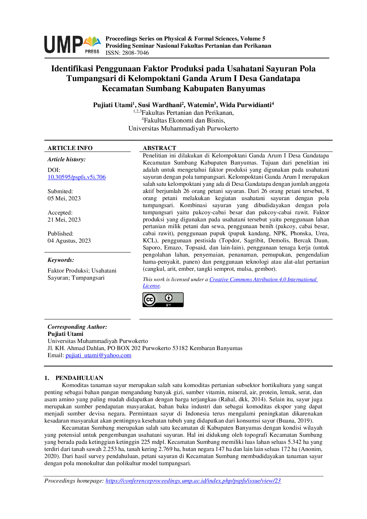 JURIS Identifikasi Penggunaan Faktor Produksi pada Usahatani Sayuran Pola Tumpangsari di Kelompoktani Ganda Arum I Desa Gandatapa Kecamatan Sumbang Kabupaten Banyumas