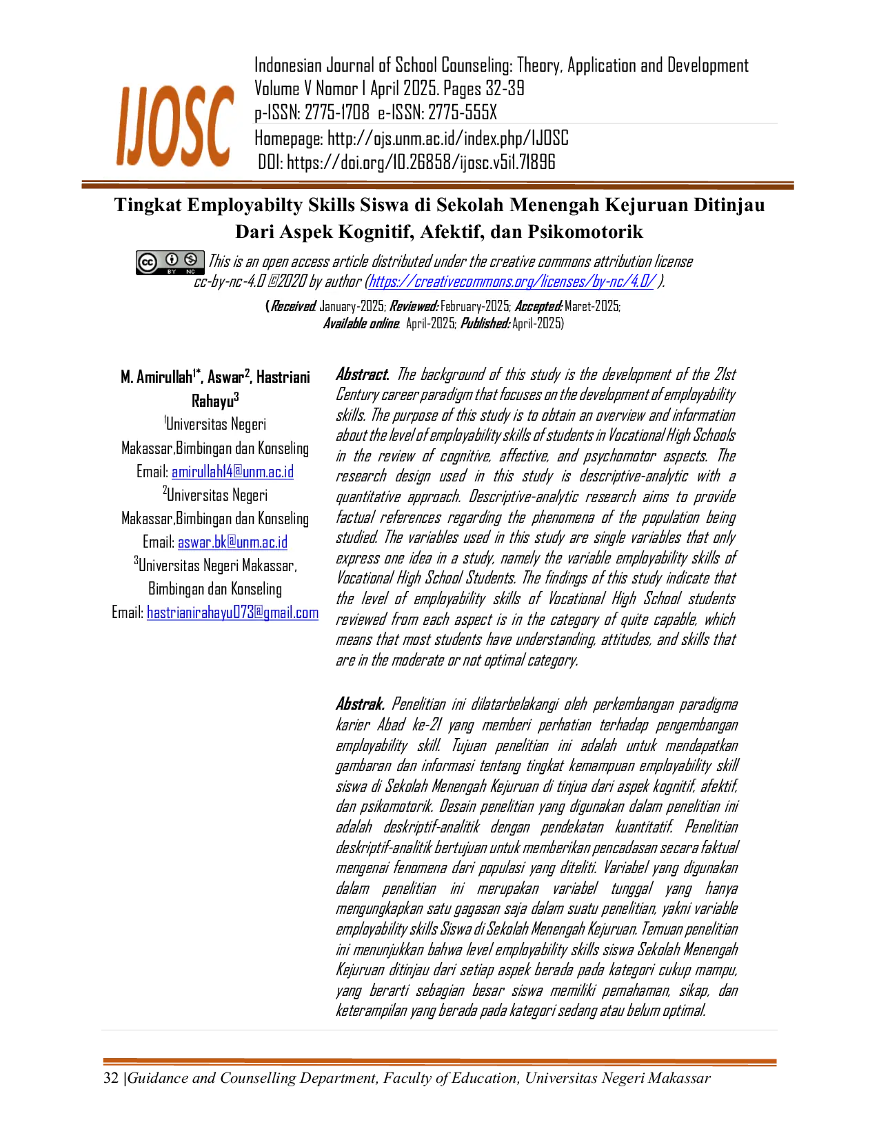 JURIS Level Employabilty Skills Siswa di Sekolah Menengah Kejuruan ditinjau Dari Aspek Kognitif Afektif dan Psikomotorik