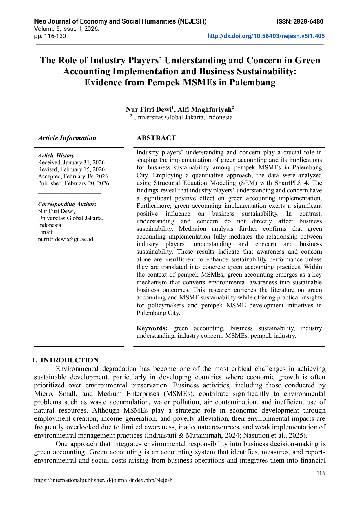JURIS The Role of Industry Players Understanding and Concern in Green Accounting Implementation and Business Sustainability Evidence from Pempek MSMEs in Palembang
