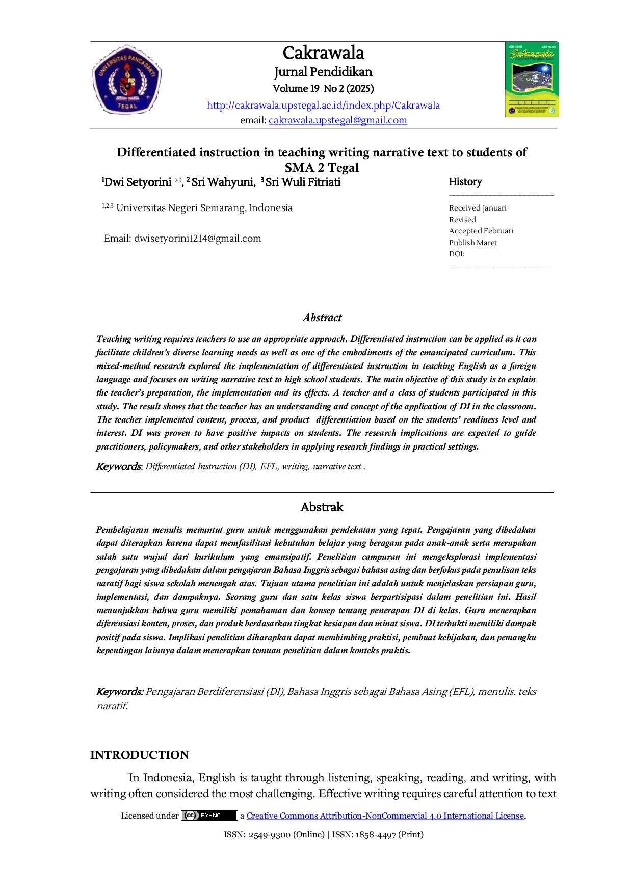 JURIS Differentiated Instruction in Teaching Writing Narrative Text to Students of SMA 2 Tegal