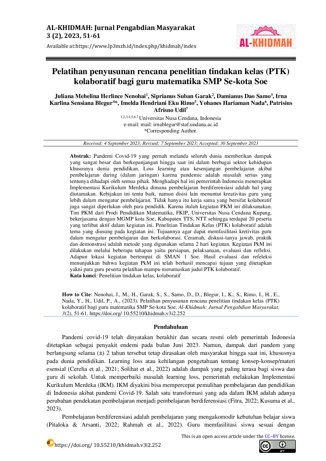 JURIS Pelatihan Penyusunan Rencana Penelitian Tindakan Kelas PTK Kolaboratif bagi Guru Matematika SMP Se kota Soe