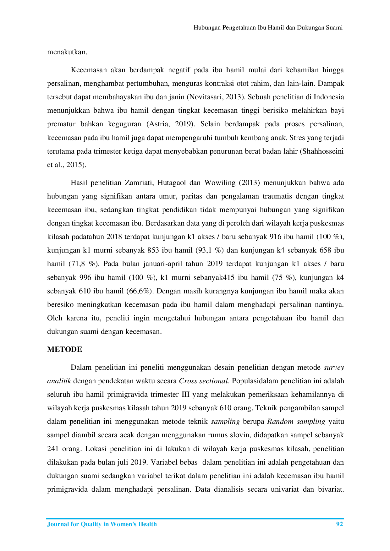 JURIS Hubungan Pengetahuan Ibu Hamil dan Dukungan Suami dengan Kecemasan Ibu Hamil dalam menghadapi Persalinan