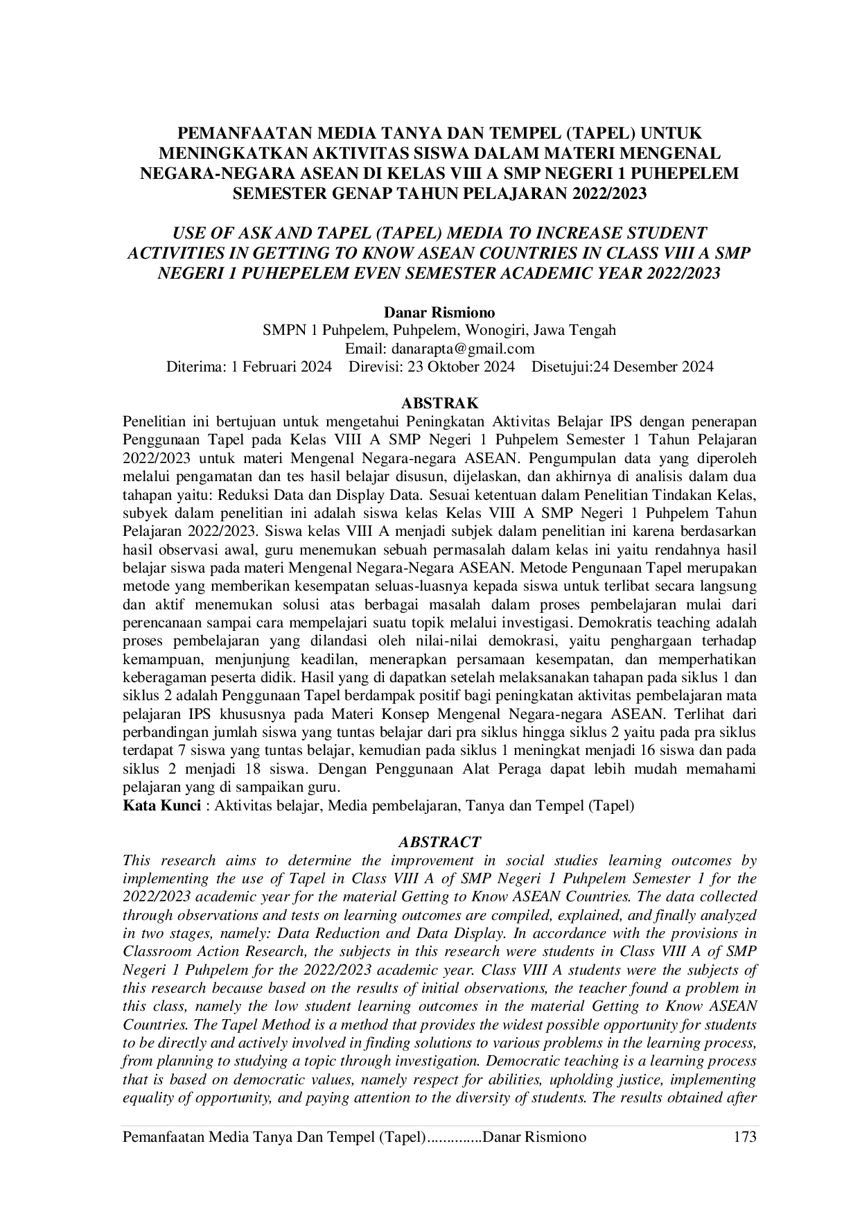 JURIS Pemanfaatan Media Tanya Dan Tempel Tapel Untuk Meningkatkan Aktivitas Siswa Dalam Materi Mengenal Negara Negara ASEAN Di Kelas VIII A SMP Negeri 1 Puhpelem Semester Genap Tahun Pelajaran 2022 2023