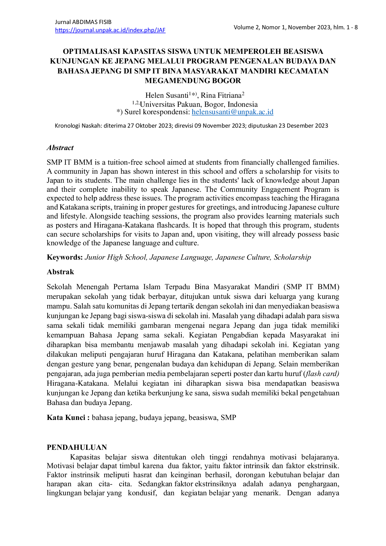 JURIS Optimalisasi Kapasitas Siswa Untuk Memperoleh Beasiswa Kunjungan Ke Jepang Melalui Program Pengenalan Budaya Dan Bahasa Jepang Di Smp It Bina Masyarakat Mandiri Kecamatan Megamendung Bogor
