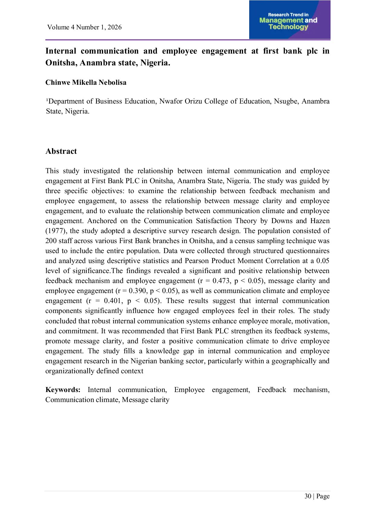 JURIS Internal communication and employee engagement at first bank plc in Onitsha Anambra state Nigeria