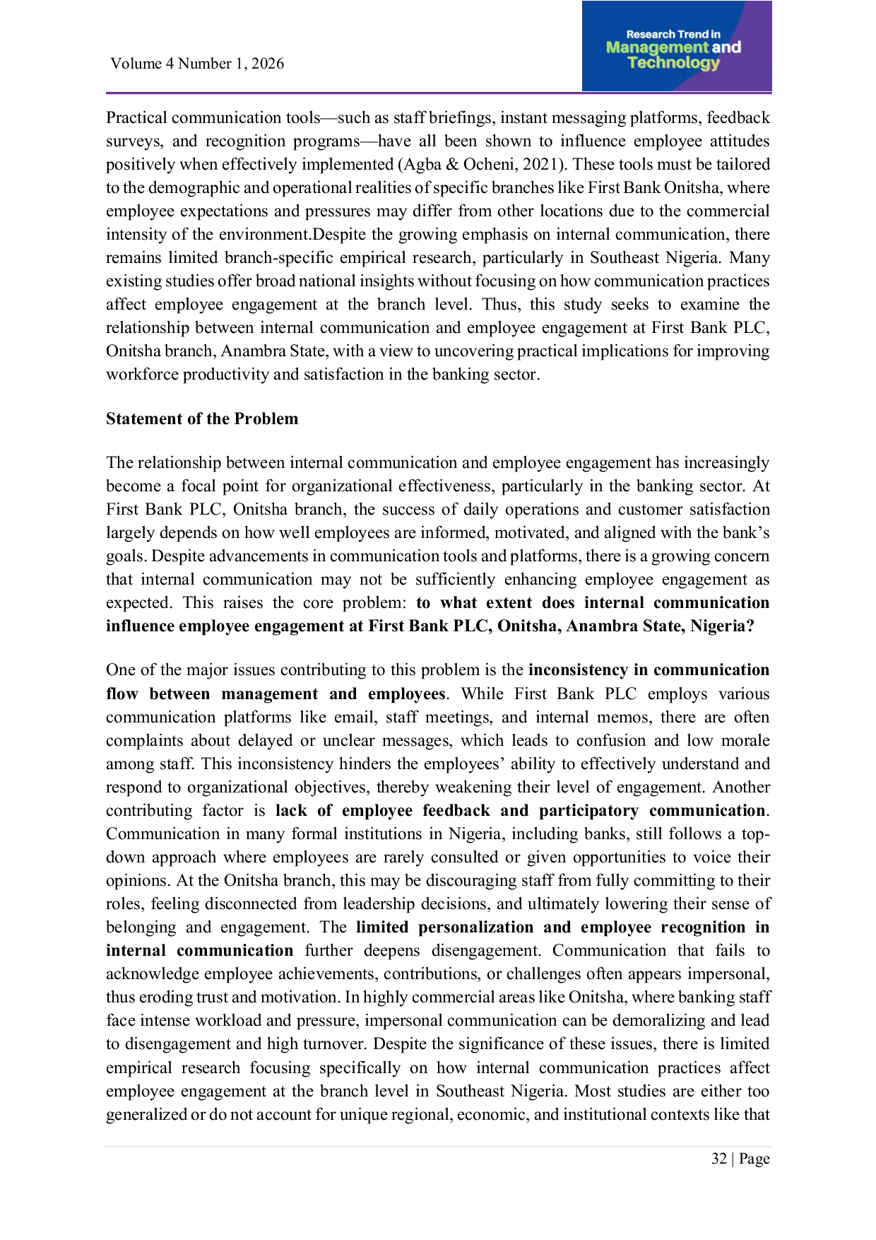 JURIS Internal communication and employee engagement at first bank plc in Onitsha Anambra state Nigeria