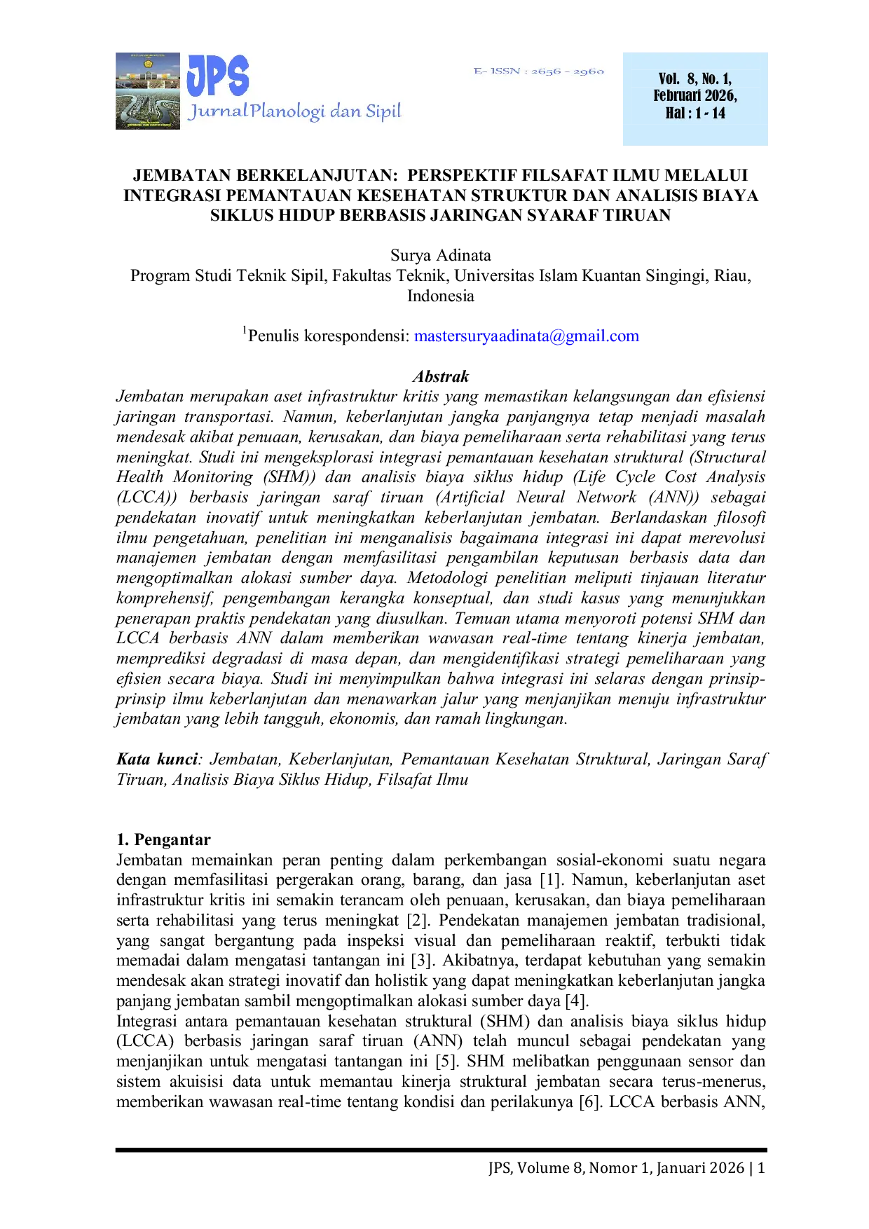 JURIS Jembatan Berkelanjutan Perspektif Filsafat Ilmu Melalui Integrasi Pemantauan Kesehatan Struktur Dan Analisis Biaya Siklus Hidup Berbasis Jaringan Saraf Tiruan