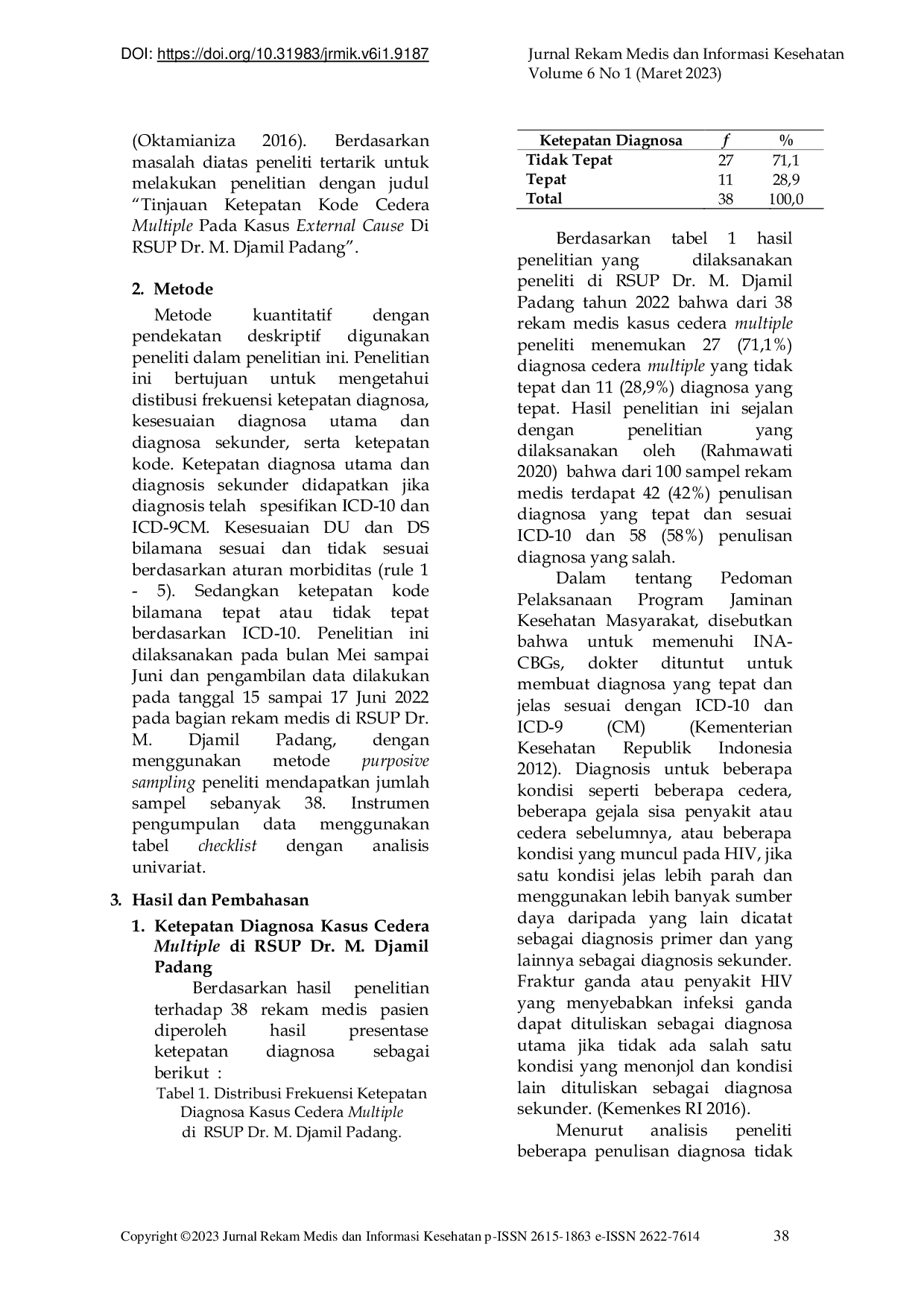 JURIS Tinjauan Ketepatan Kode Cedera Multiple Pada Kasus External Cause di RSUP Dr M Djamil Padang