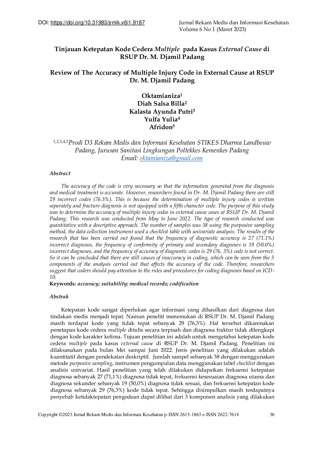 JURIS Tinjauan Ketepatan Kode Cedera Multiple Pada Kasus External Cause di RSUP Dr M Djamil Padang