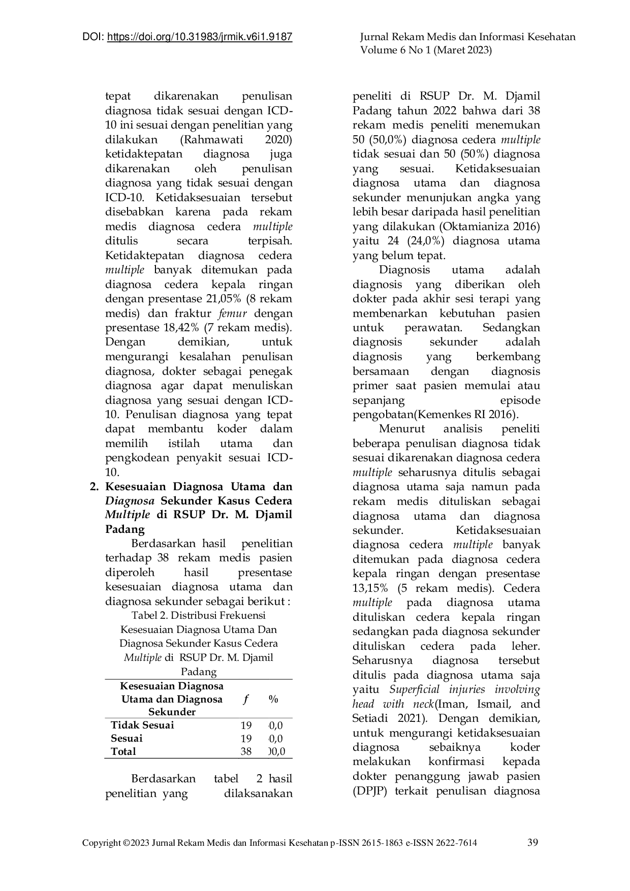 JURIS Tinjauan Ketepatan Kode Cedera Multiple Pada Kasus External Cause di RSUP Dr M Djamil Padang