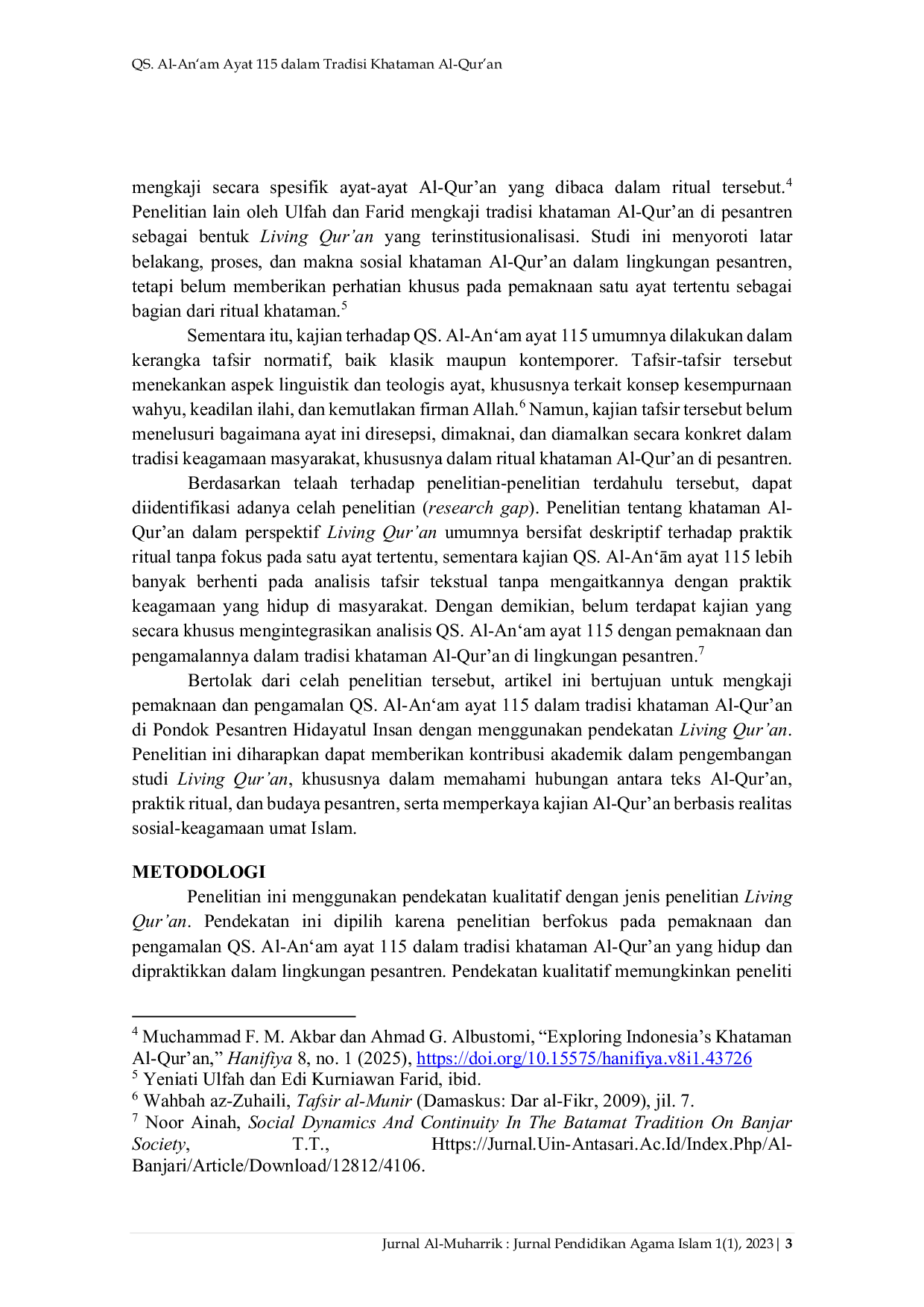 JURIS Al An am Ayat 115 dalam Tradisi Khataman Al Qur an Studi Living Qur an di Pesantren Hidayatul Insan